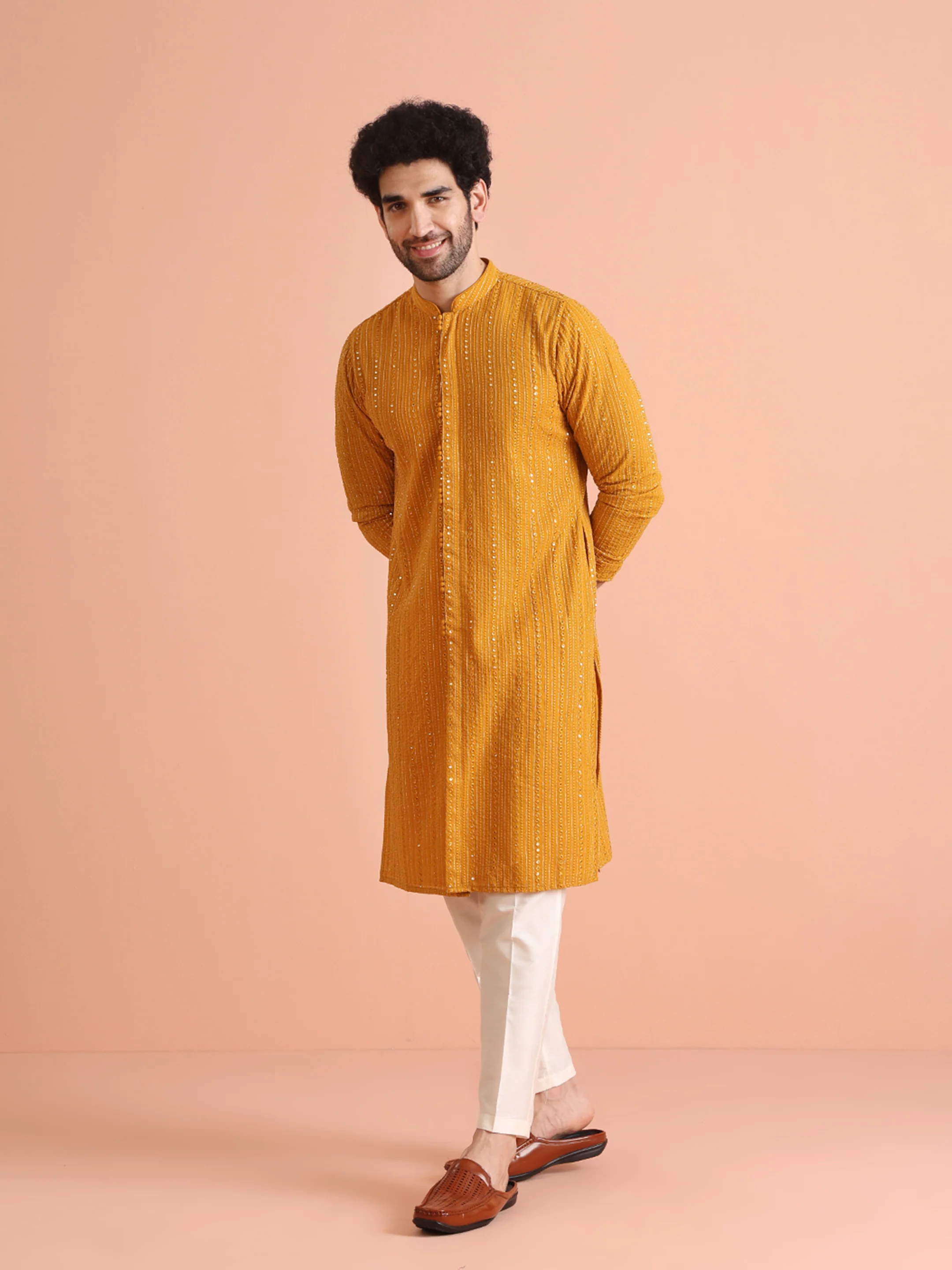 Men Mustard Sequinned Kurta Trouser Set - Image 3