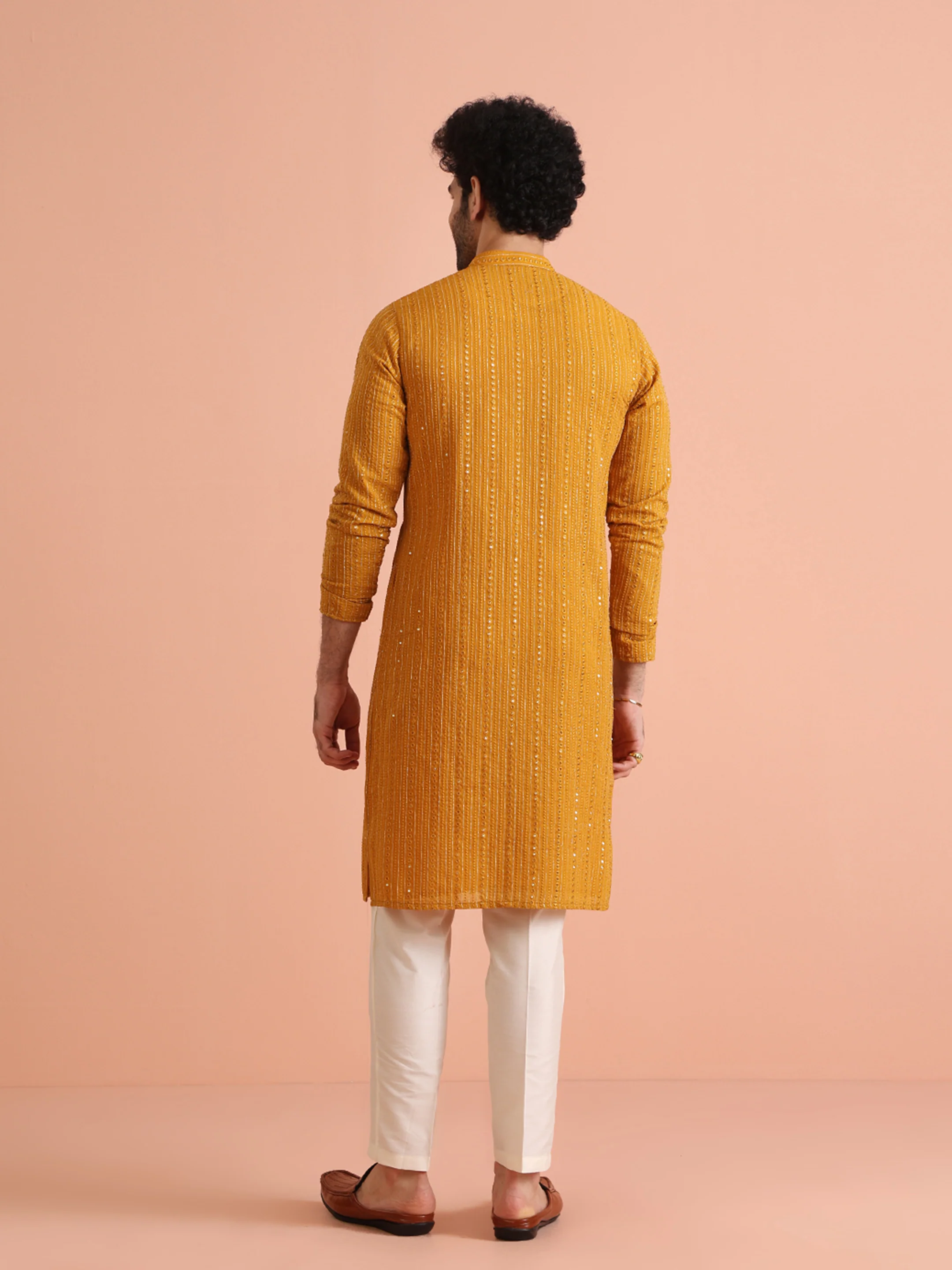 Men Mustard Sequinned Kurta Trouser Set - Image 4