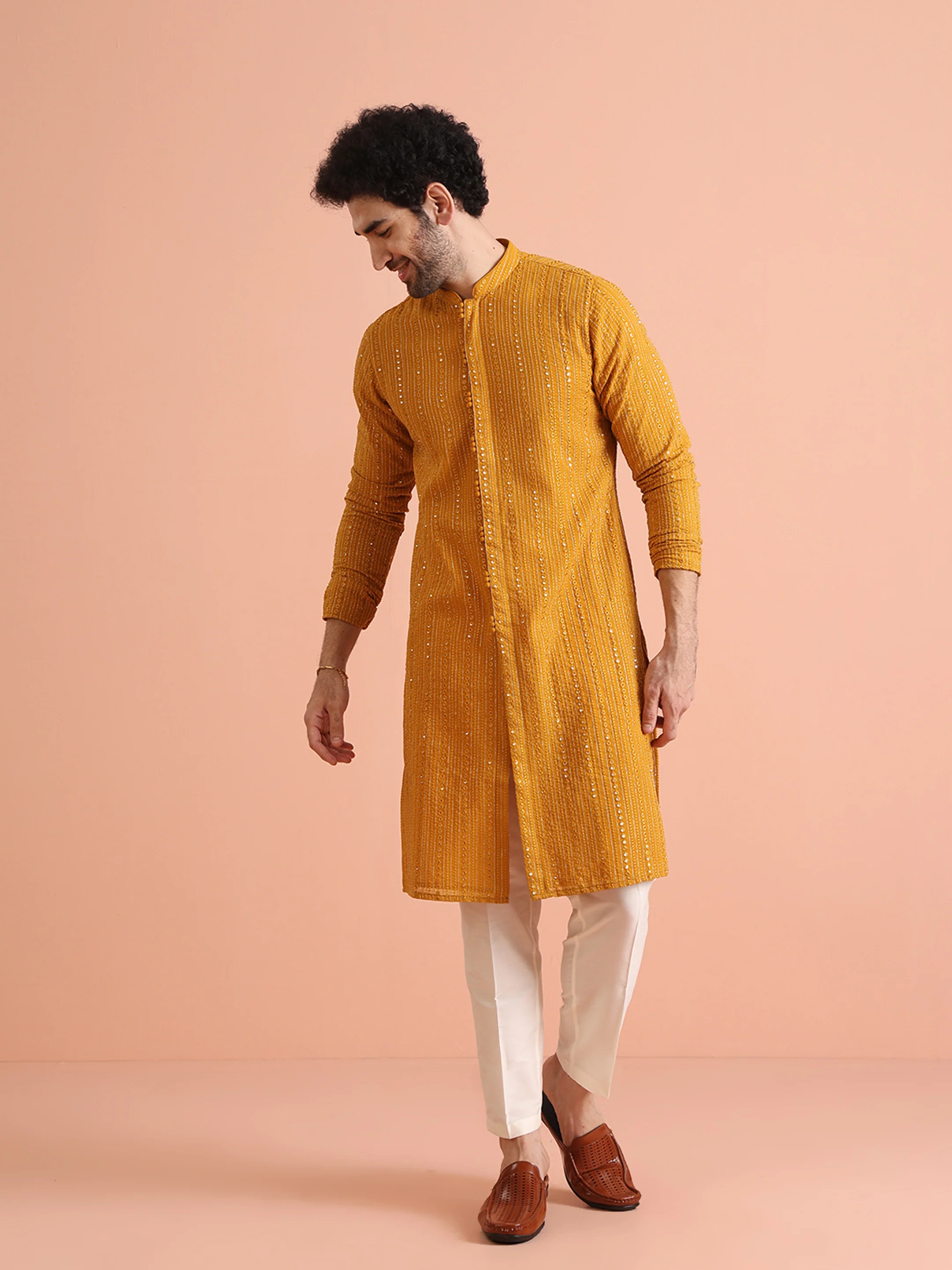 Men Mustard Sequinned Kurta Trouser Set - Image 6