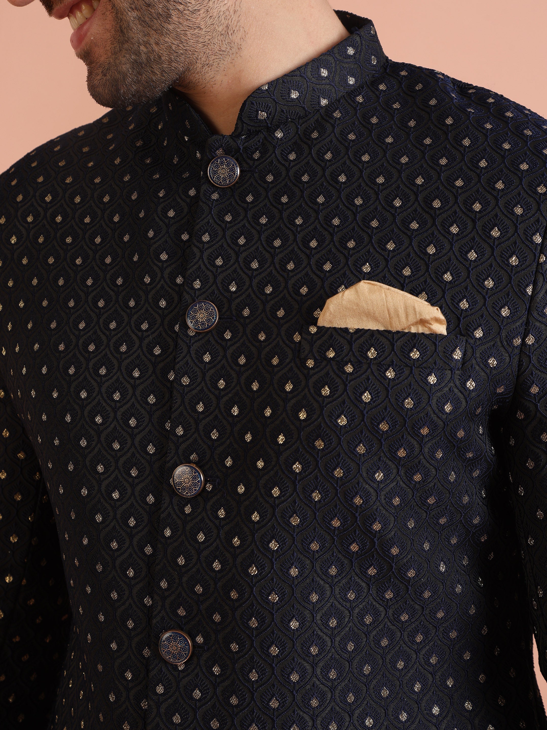 Black & Navy Blue Silk Blend Embroidered Jodhpuri Bandhgala - Image 13