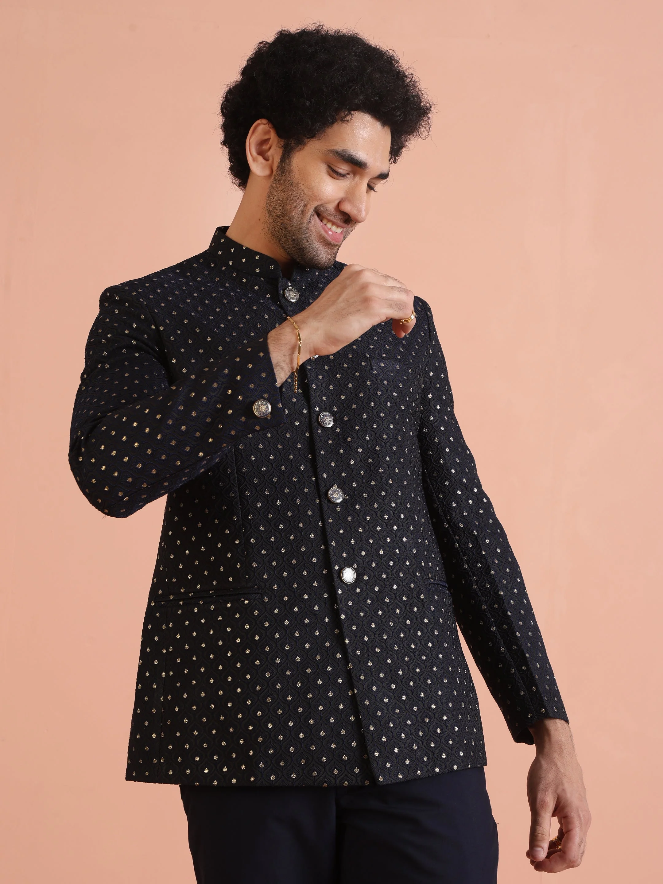 Black & Navy Blue Silk Blend Embroidered Jodhpuri Bandhgala - Image 8