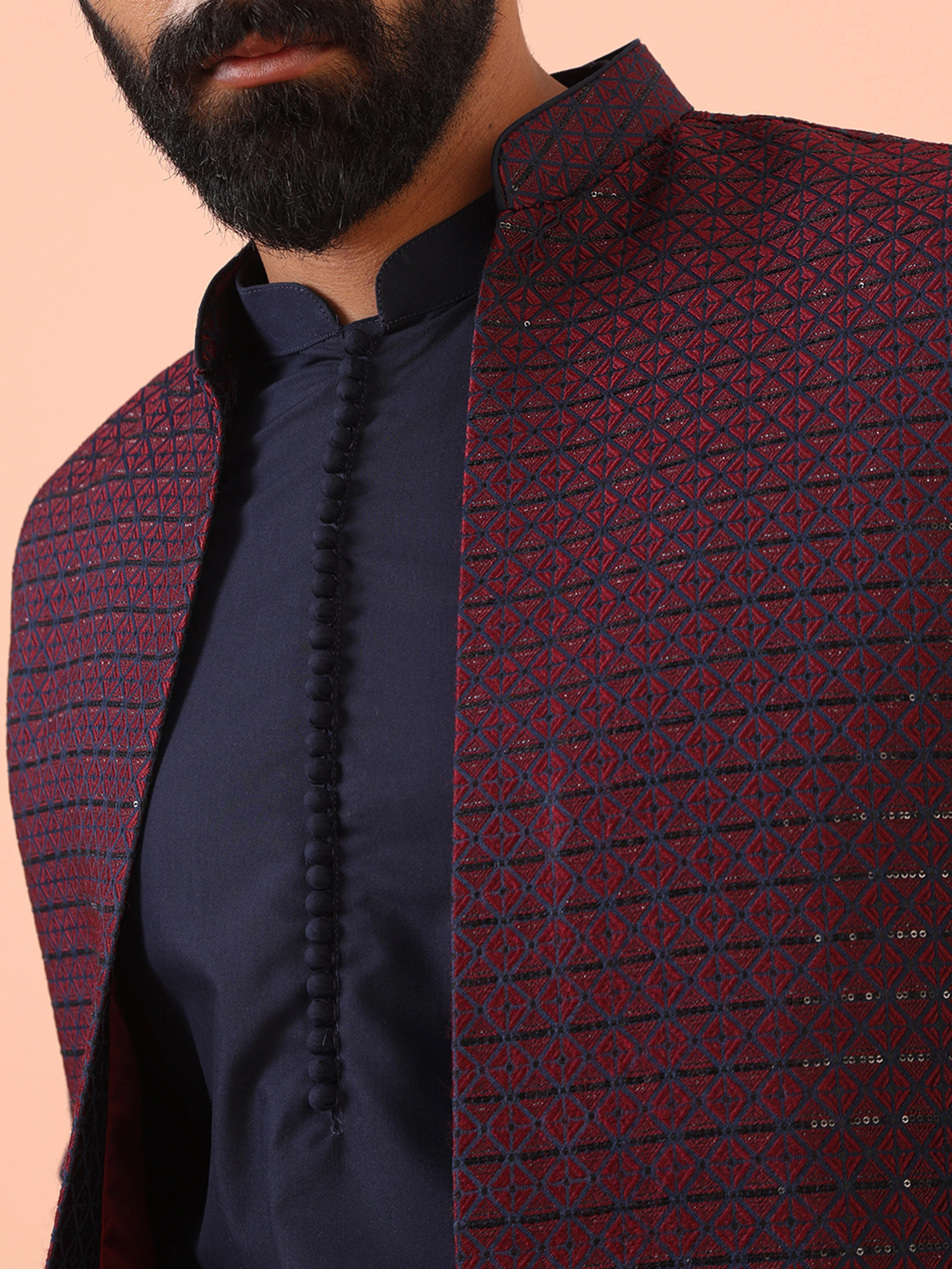 Navy Silk Blend Maroon Mirror Work Nehru Jacket Set - Image 5