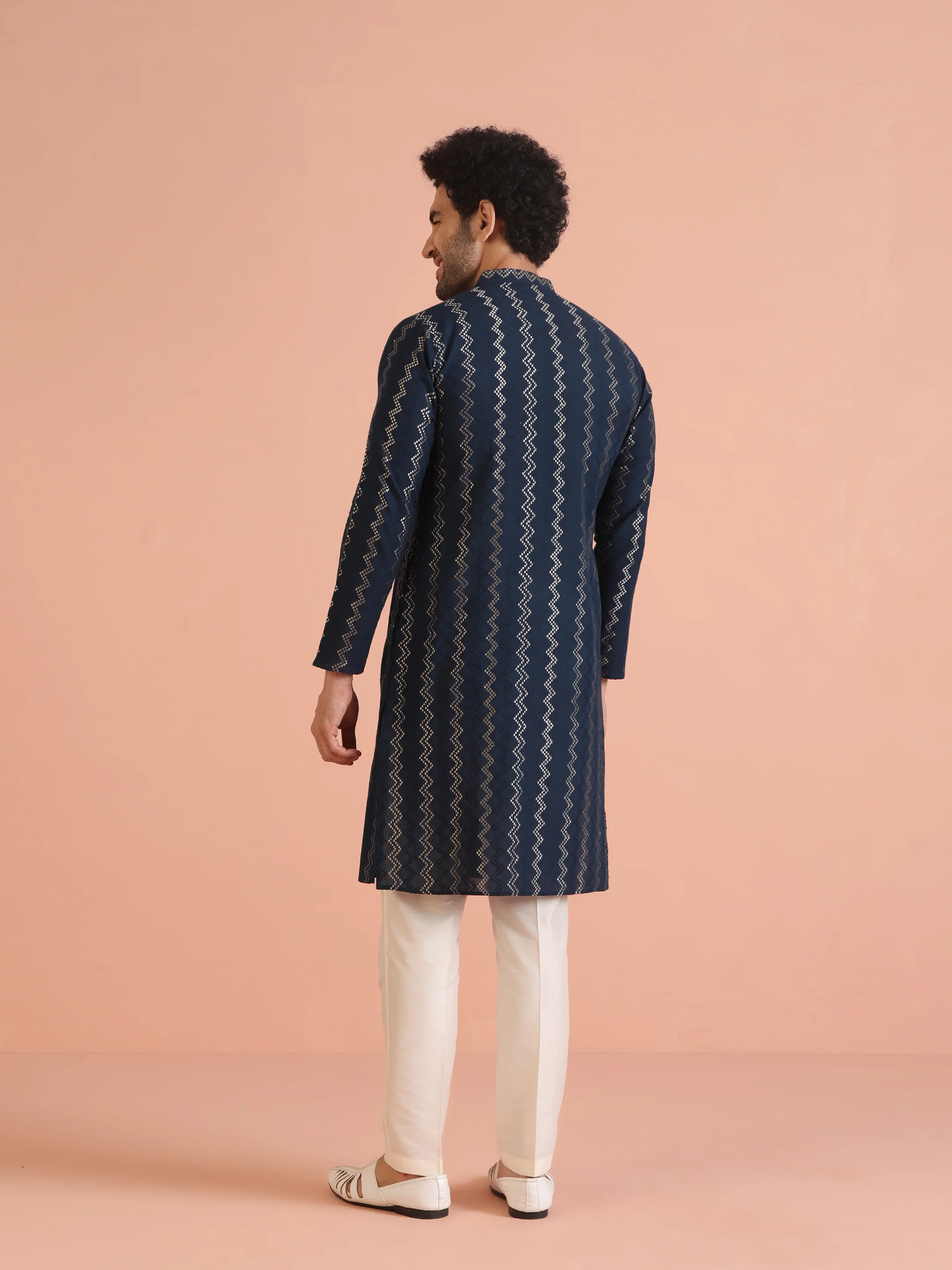 Teal Blue Jacquard Kurta Trouser Set - Image 5