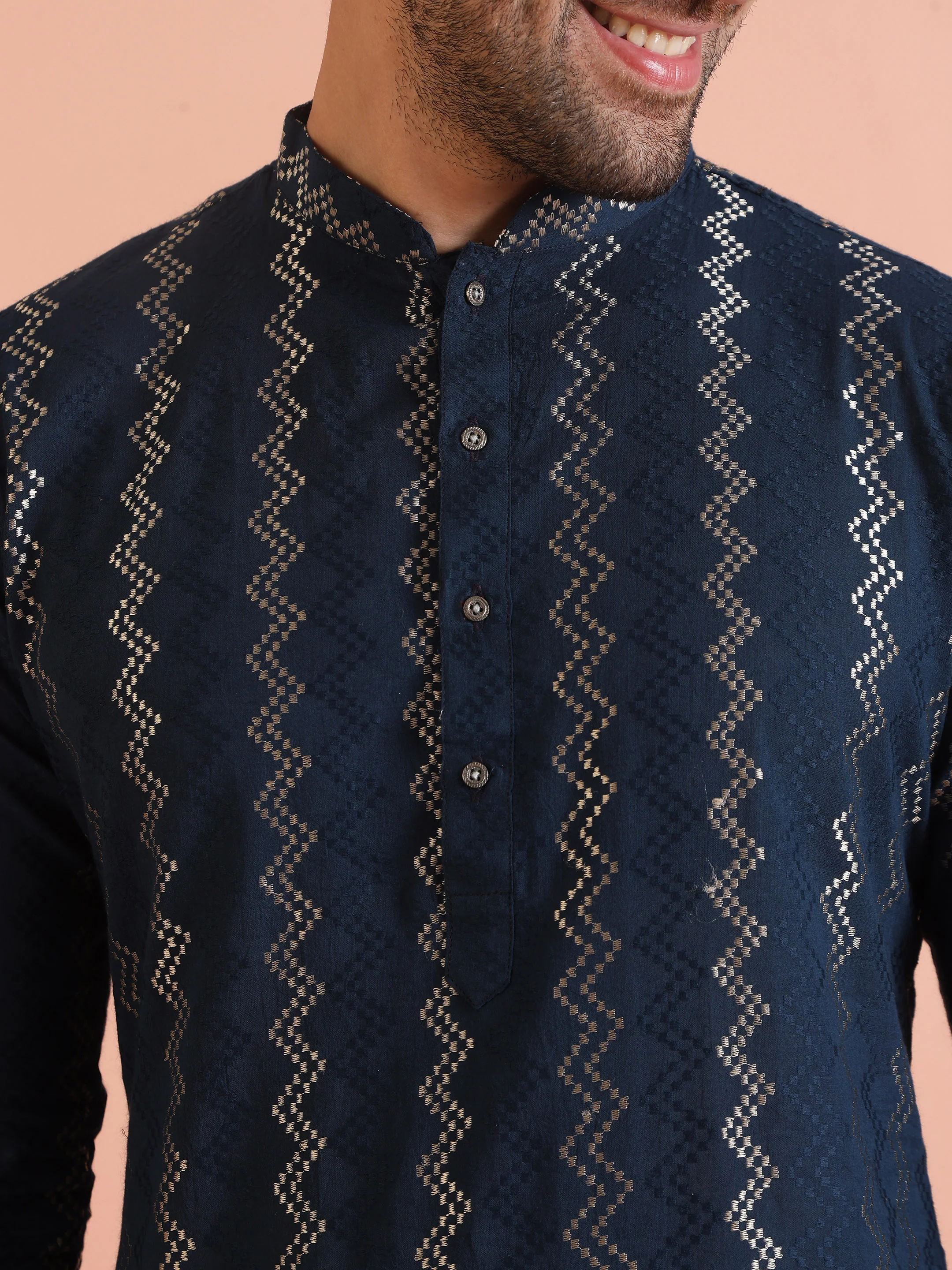 Teal Blue Jacquard Kurta Trouser Set - Image 6
