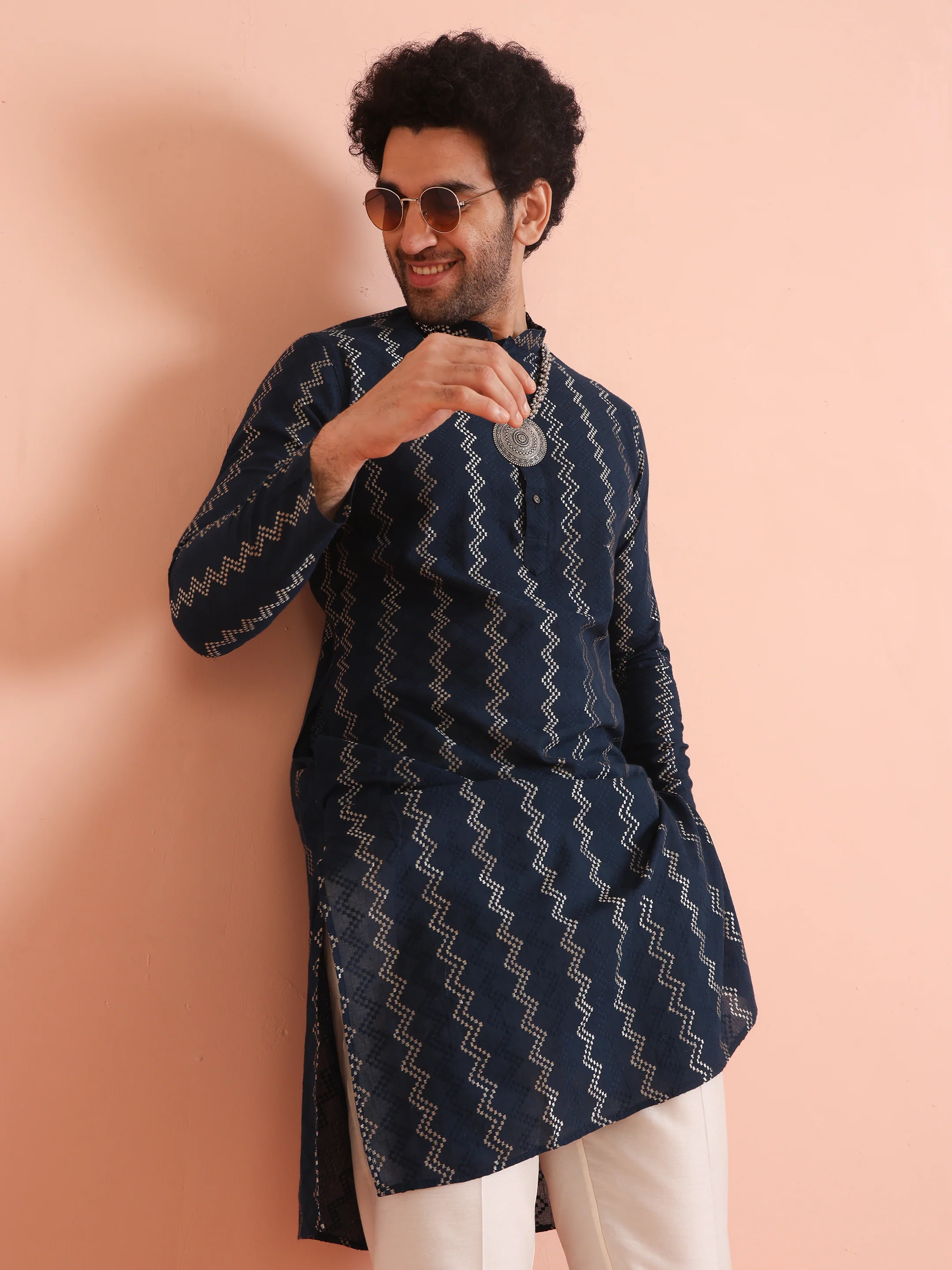 Teal Blue Jacquard Kurta Trouser Set - Image 7