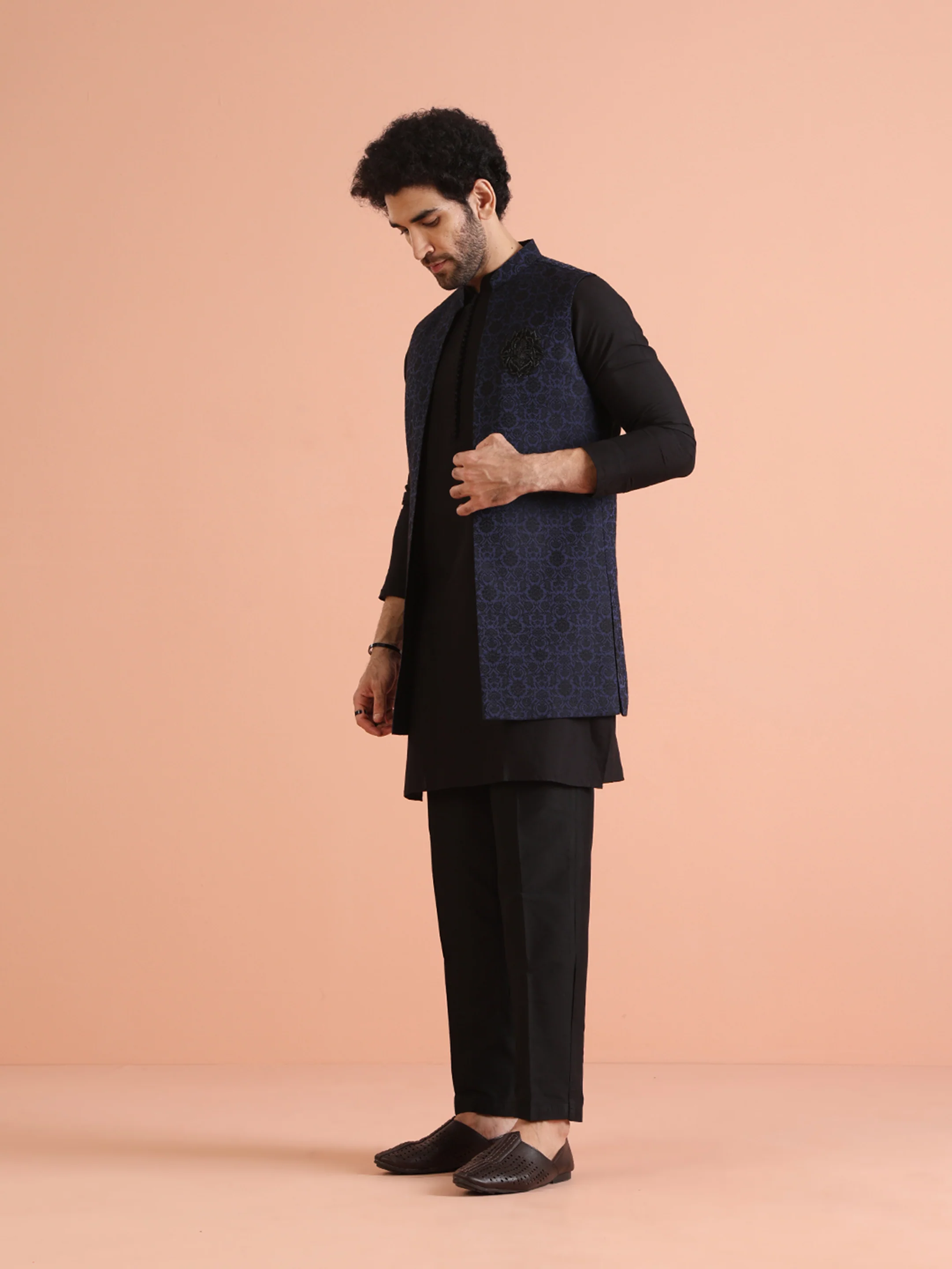 Navy Blue Cotton Silk Ethnic Motifs Nehru Jacket Kurta Trouser - Image 3