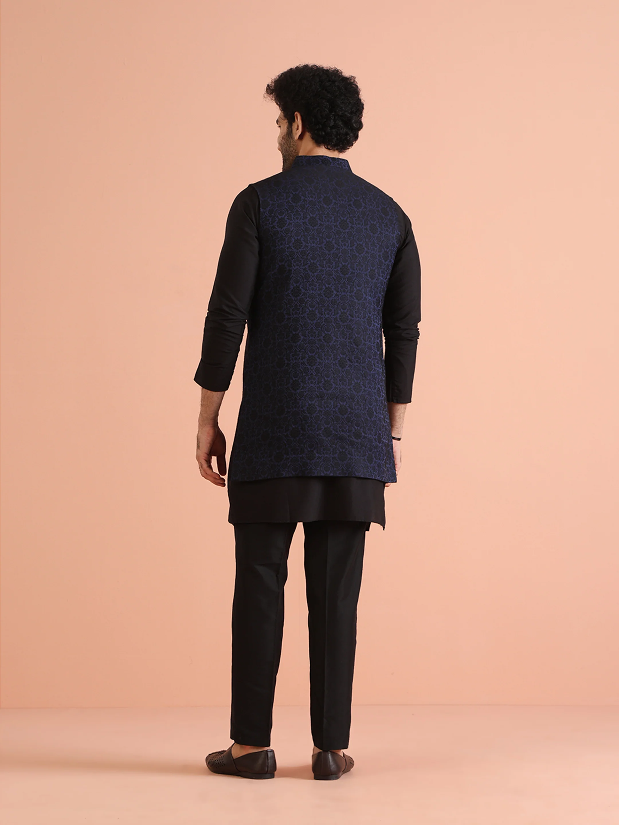 Navy Blue Cotton Silk Ethnic Motifs Nehru Jacket Kurta Trouser - Image 4