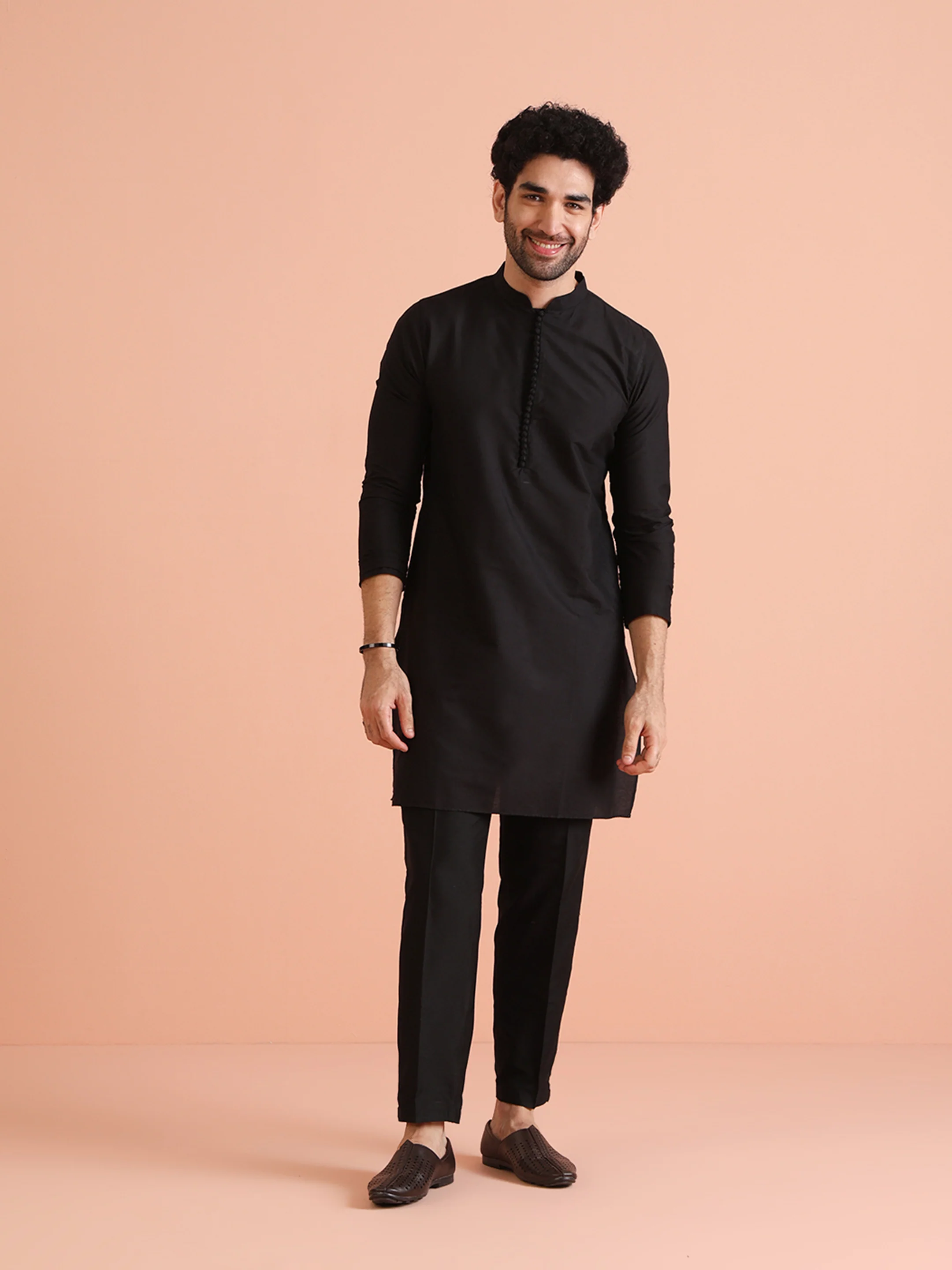 Navy Blue Cotton Silk Ethnic Motifs Nehru Jacket Kurta Trouser - Image 6