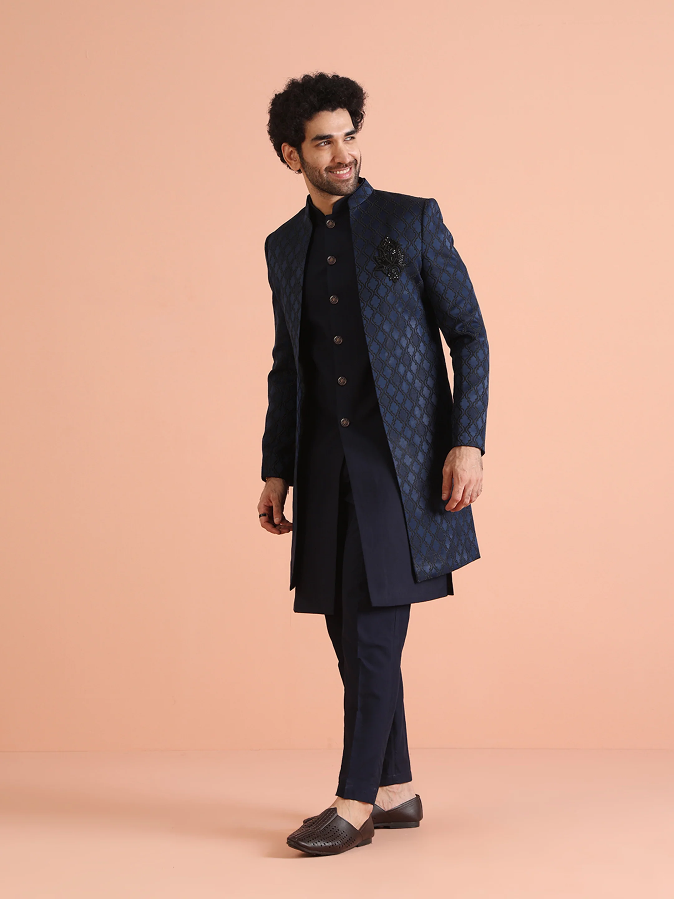 Navy Blue Silk Blend Indo Western Sherwani Set with Embroidered Detailing and Trousers - Image 3