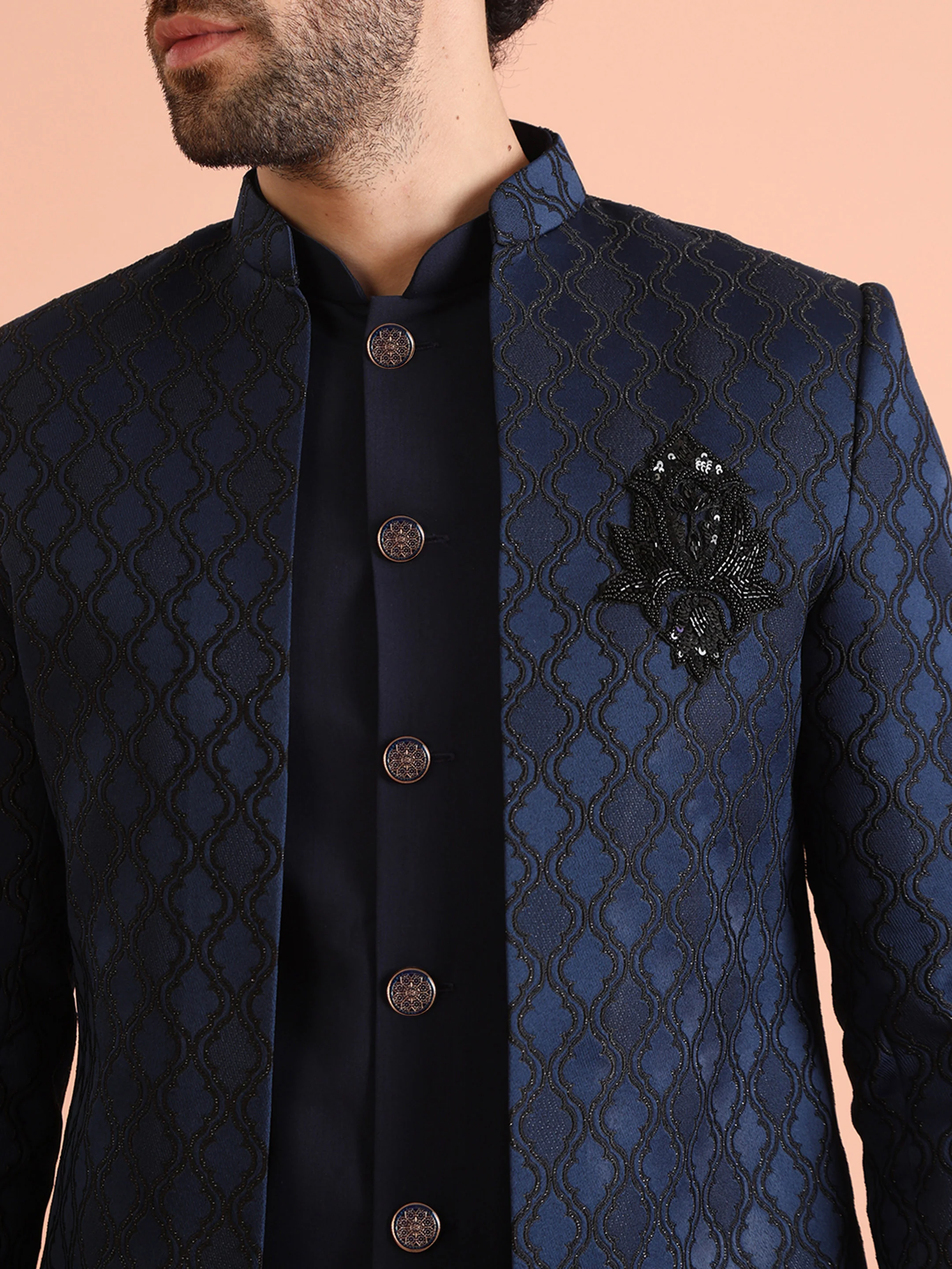 Navy Blue Silk Blend Indo Western Sherwani Set with Embroidered Detailing and Trousers - Image 5