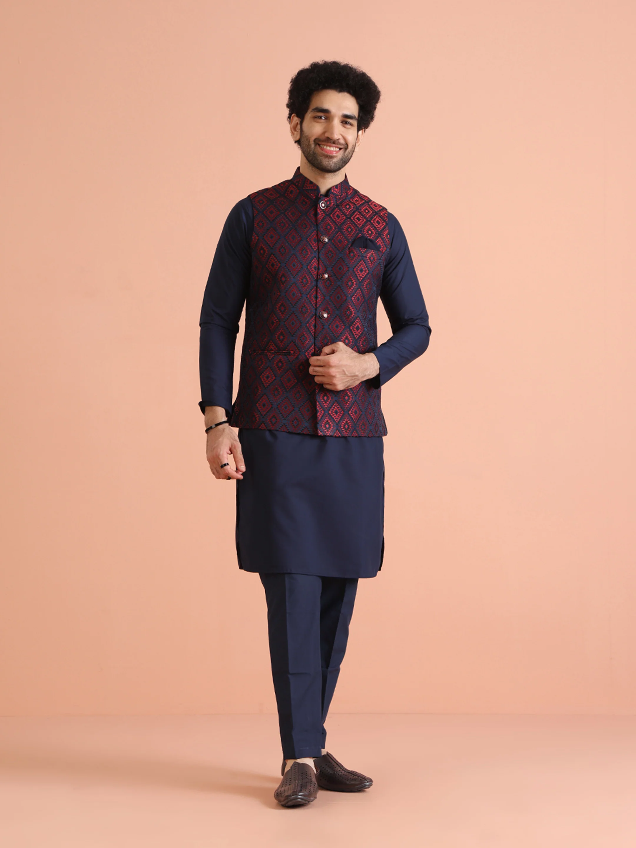 Navy Blue Silk Geometric Nehru Jacket Kurta Set - Image 2