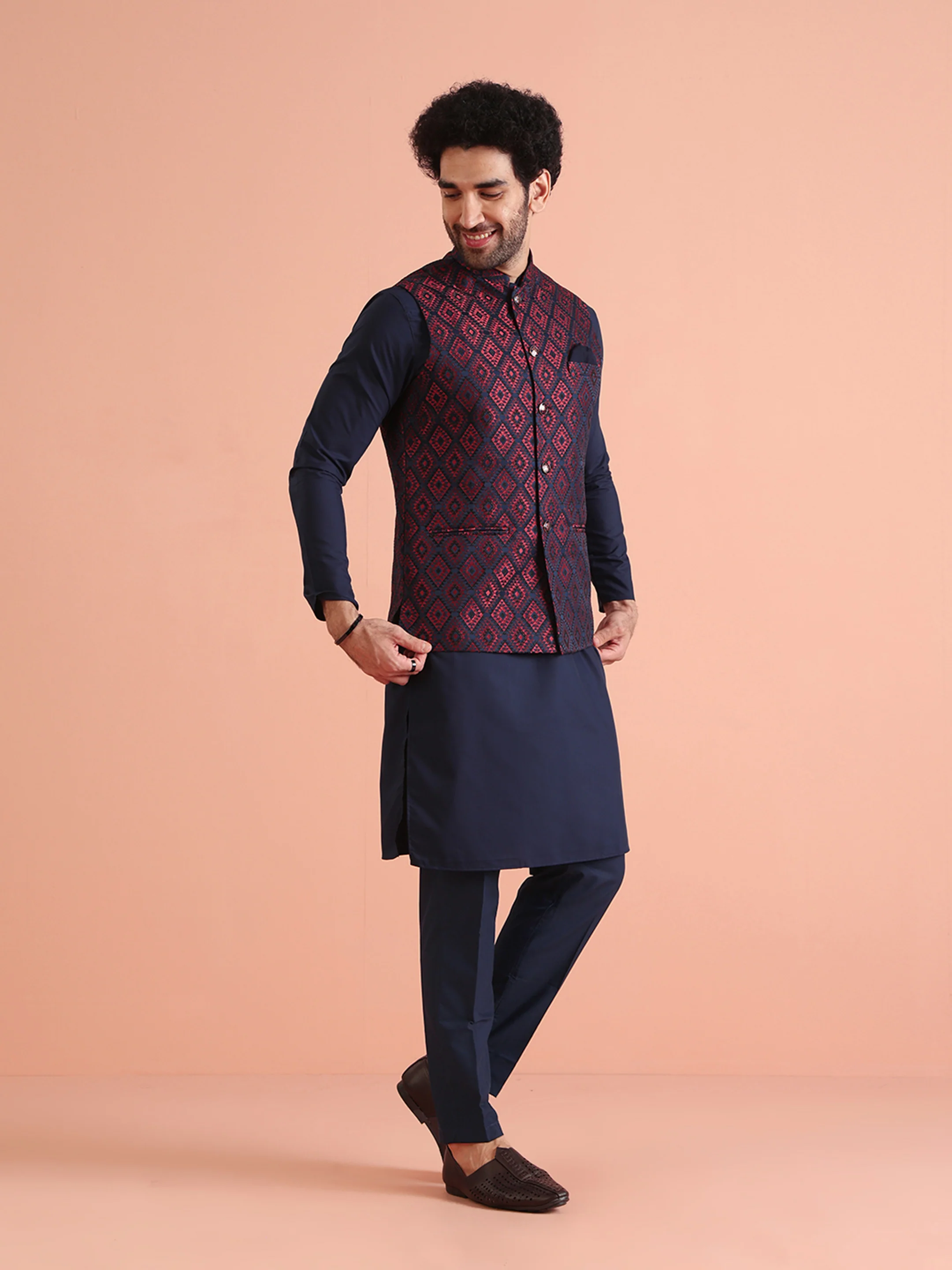 Navy Blue Silk Geometric Nehru Jacket Kurta Set - Image 3