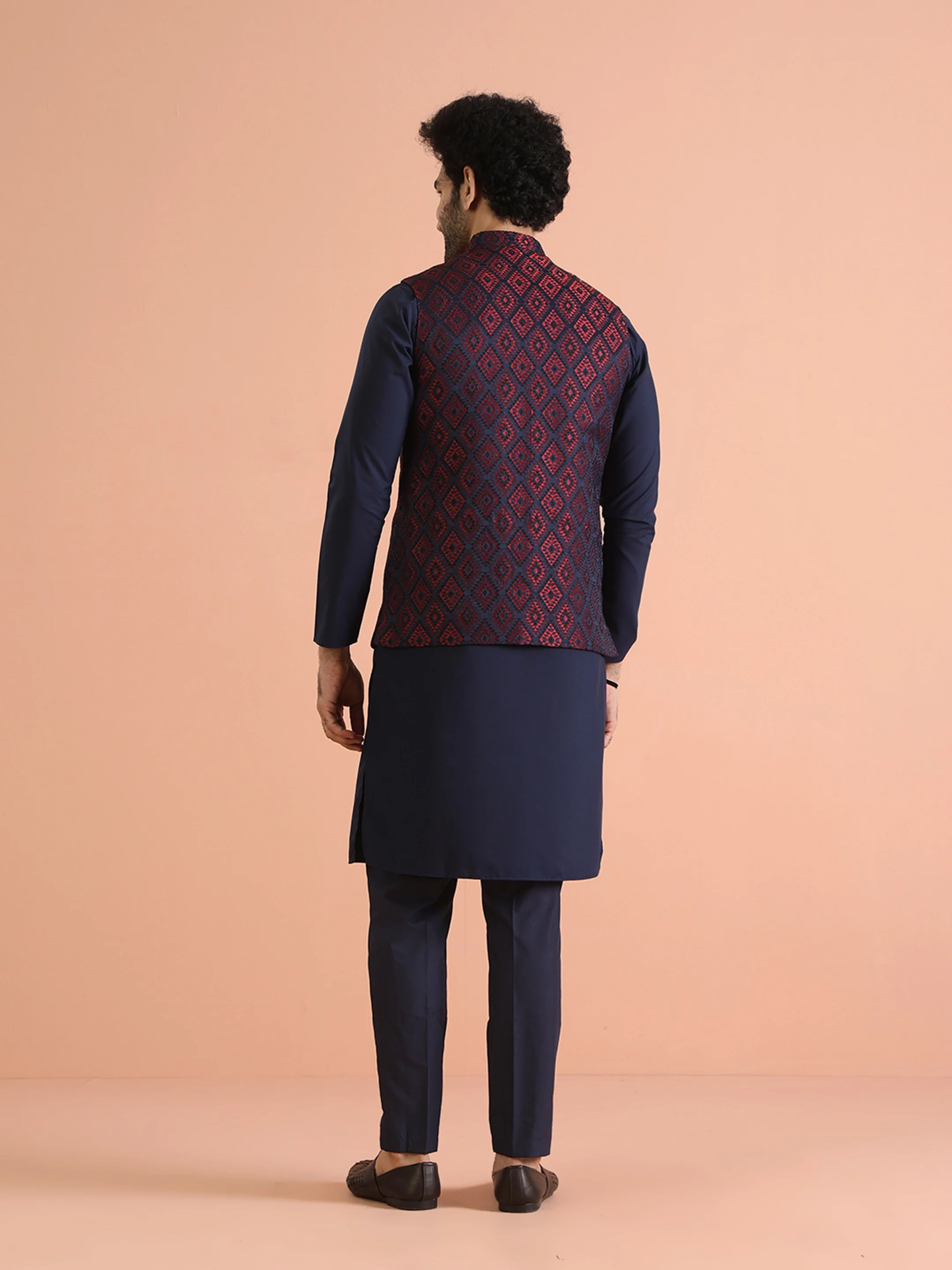 Navy Blue Silk Geometric Nehru Jacket Kurta Set - Image 5