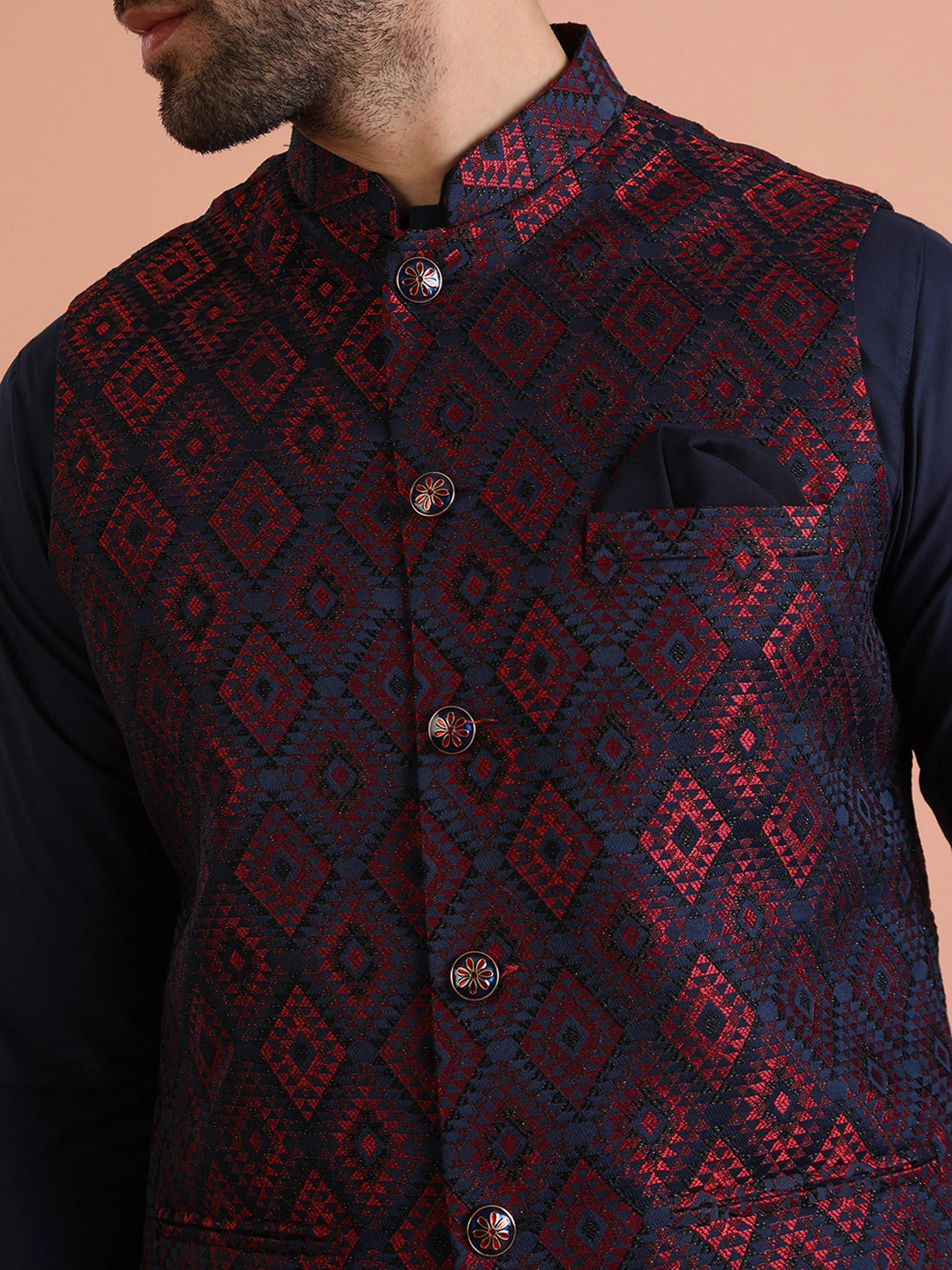 Navy Blue Silk Geometric Nehru Jacket Kurta Set - Image 7