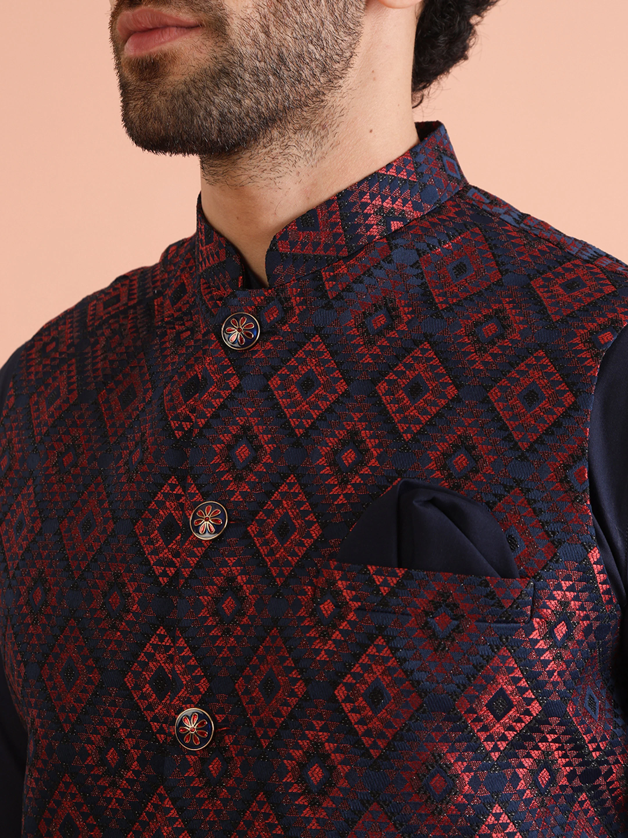 Navy Silk Blend Red Textured Nehru Jacket Mid Kurta Set - Image 6