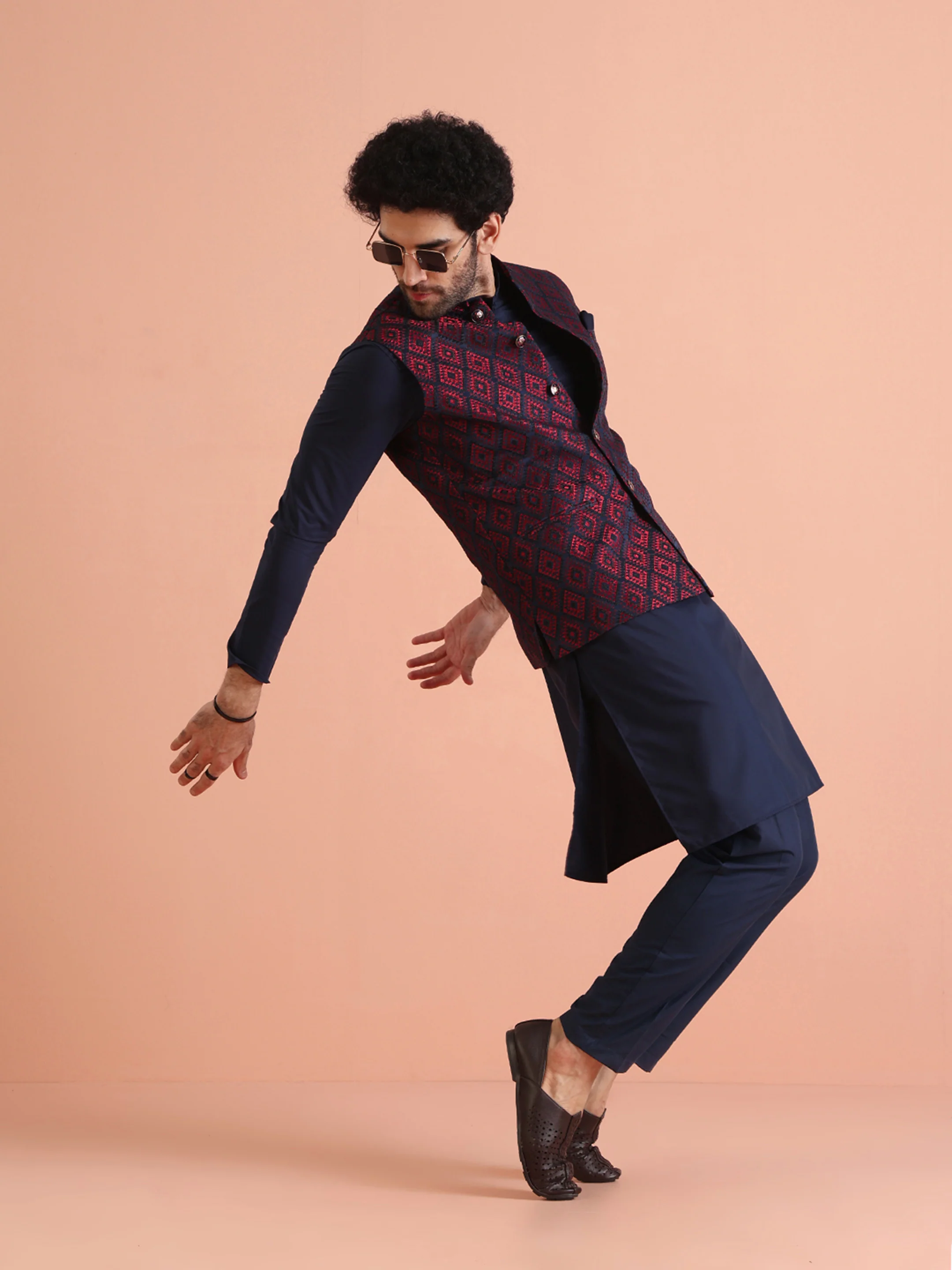 Navy Red Cotton Silk Textured Nehru Jacket - Image 6