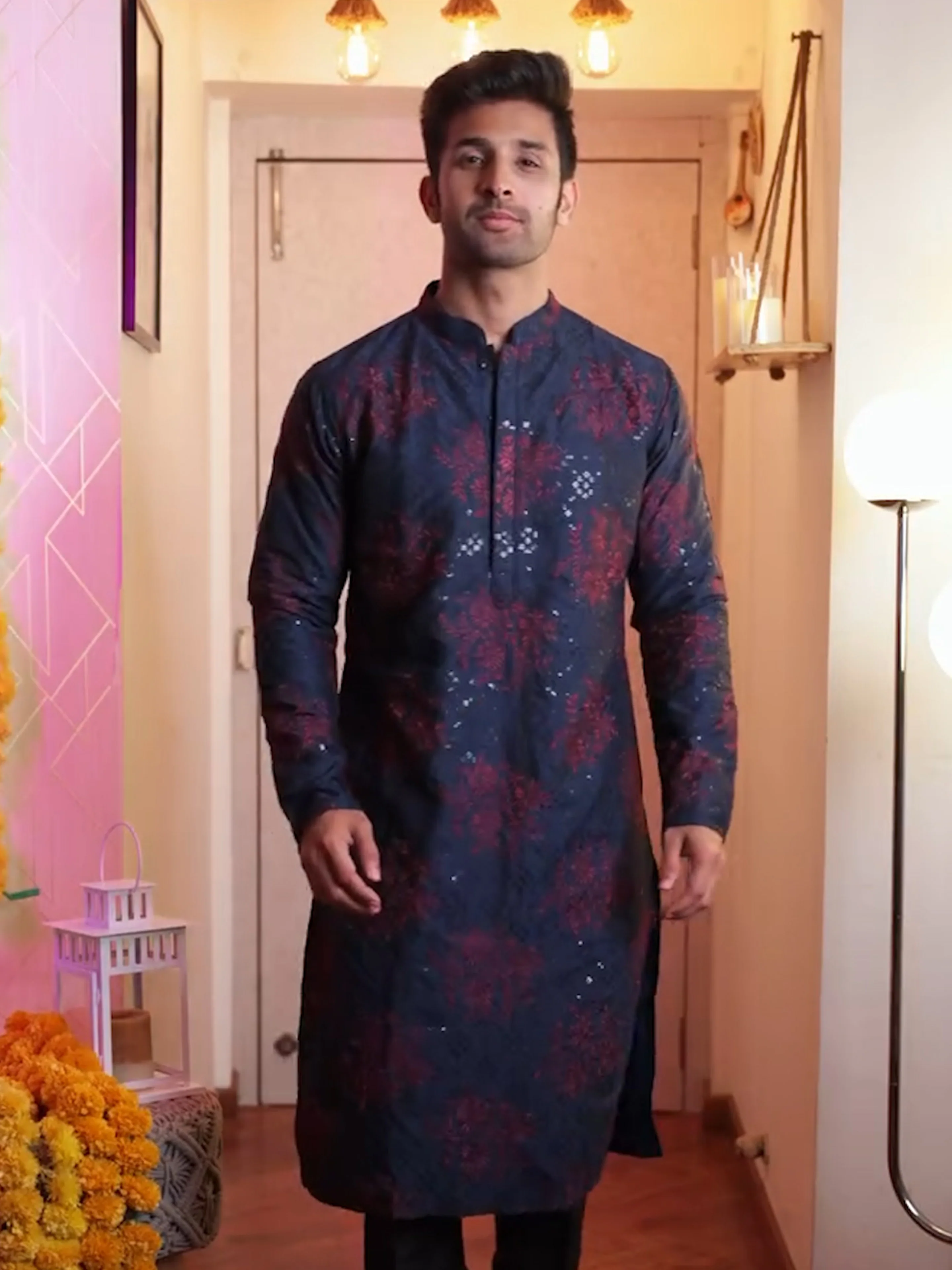Navy Blue & Maroon Textured Nehru Jacket