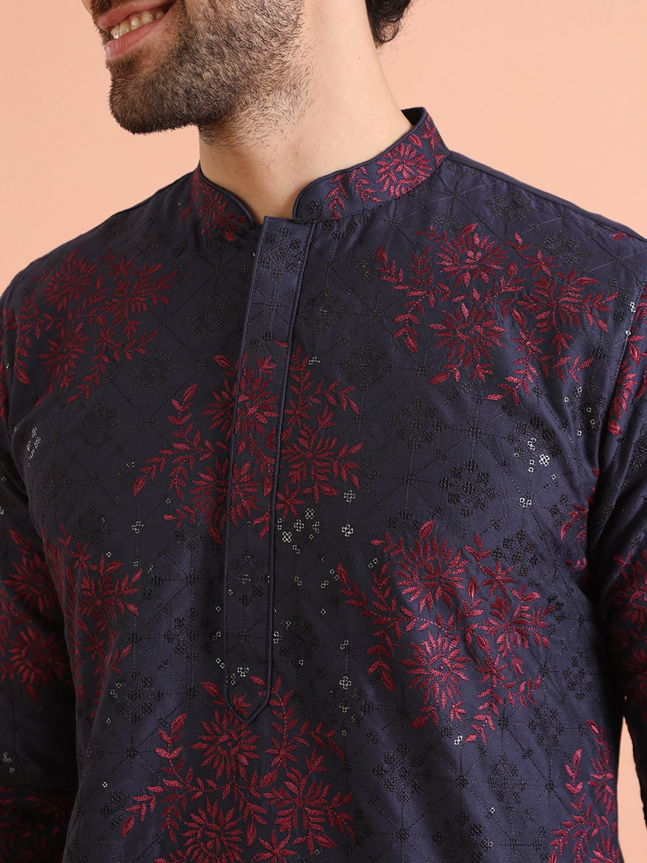 Navy Blue & Maroon Textured Nehru Jacket - Image 6