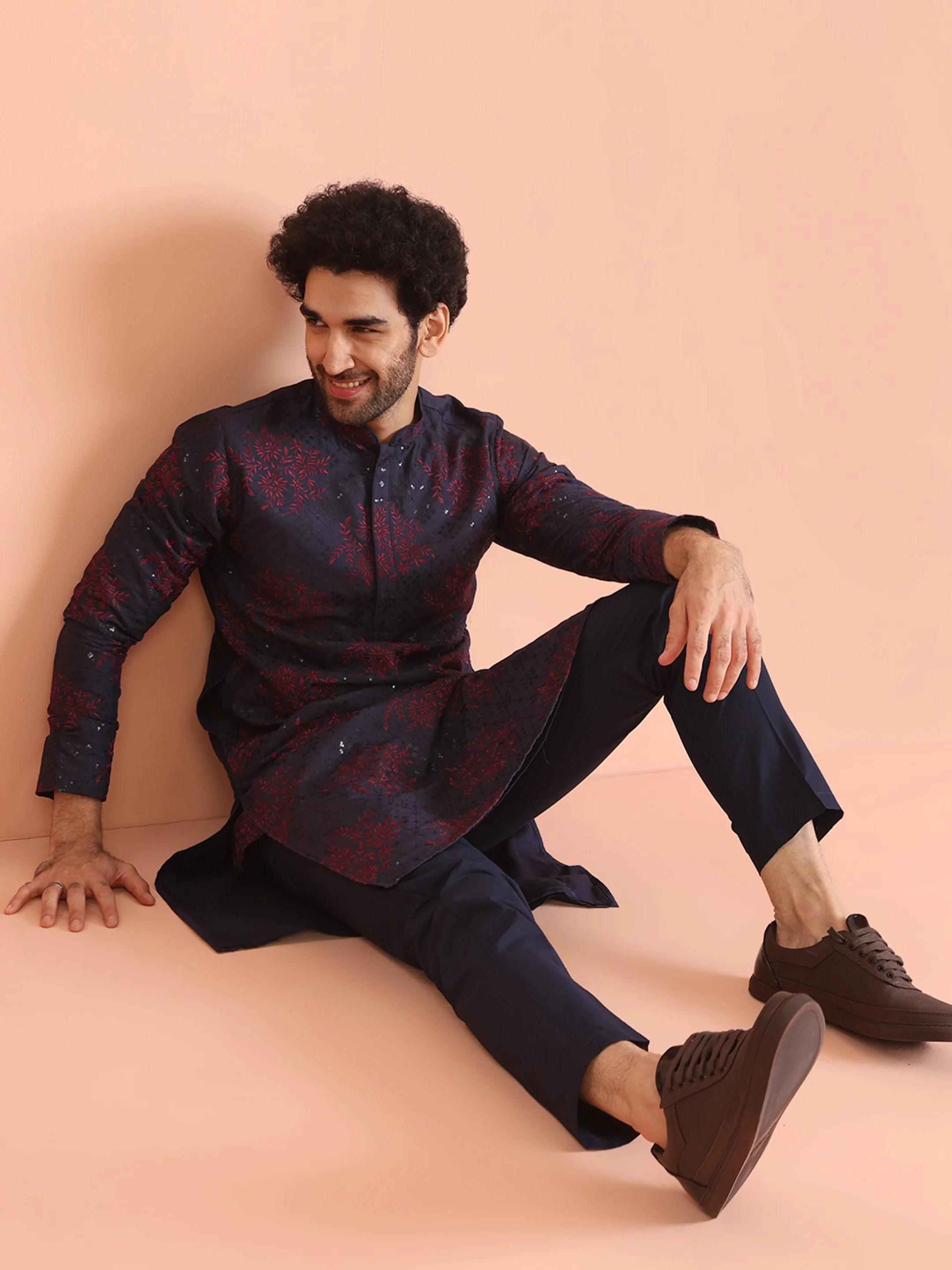 Men Navy Blue Heavy Thread Work Kurta Trouser Set