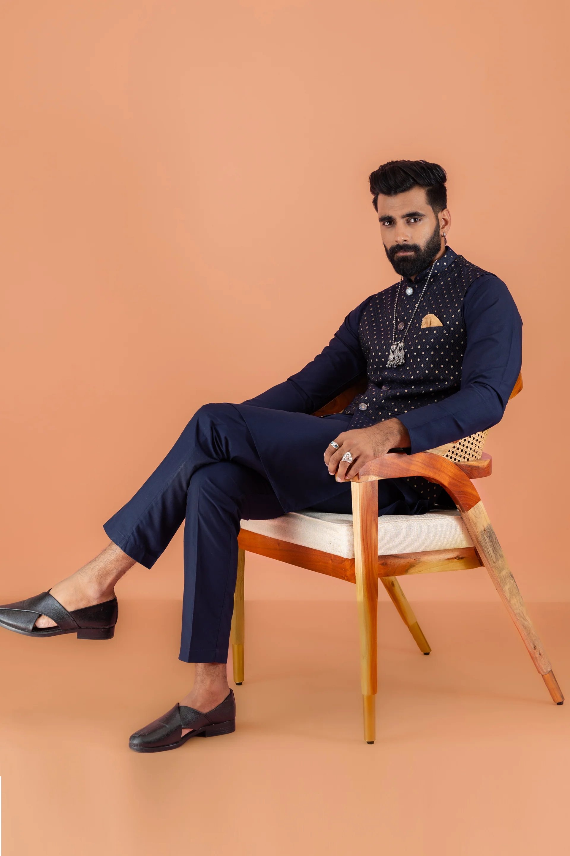 Navy Blue Jacket Kurta Trouser Set