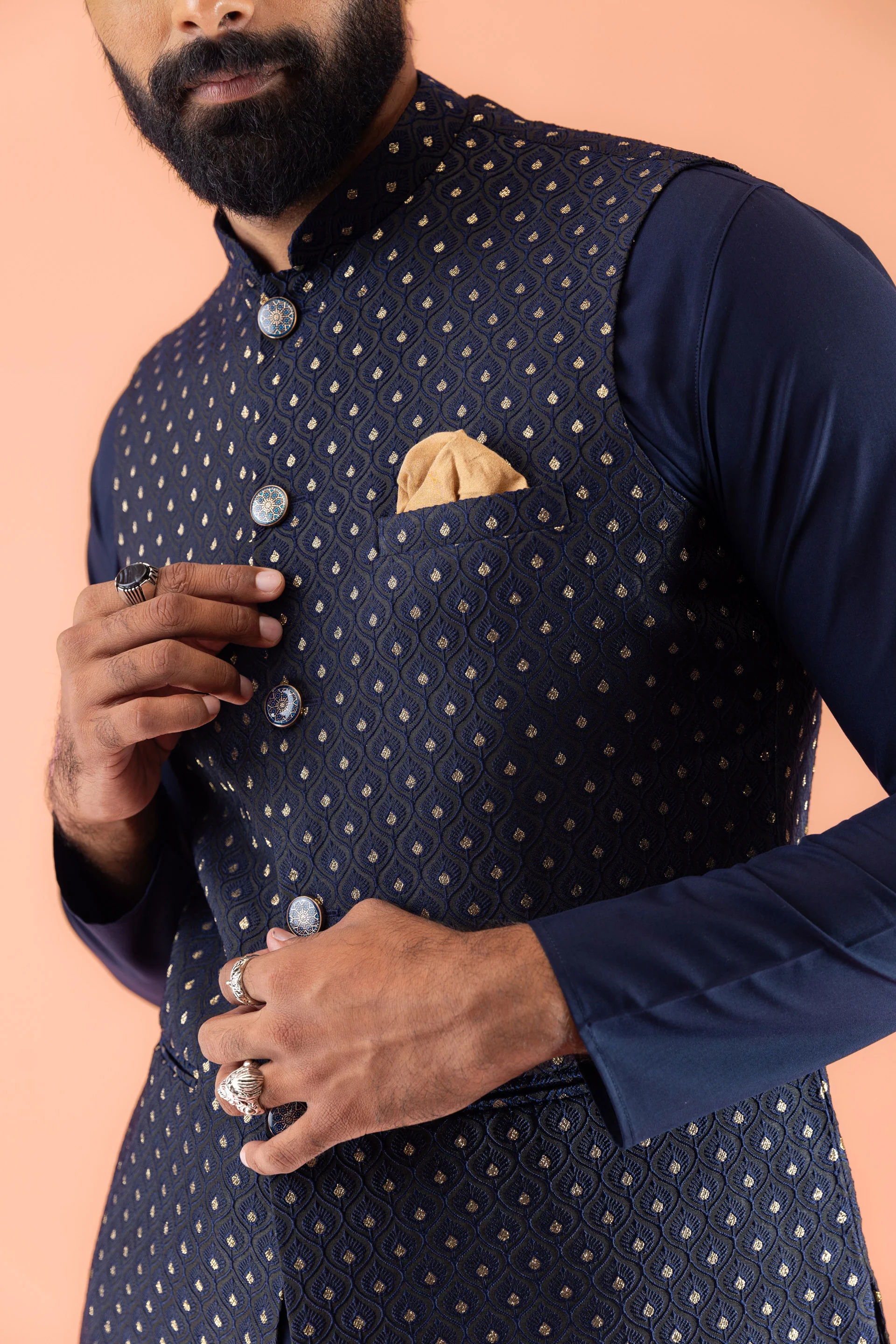 Navy Blue Jacket Kurta Trouser Set - Image 5