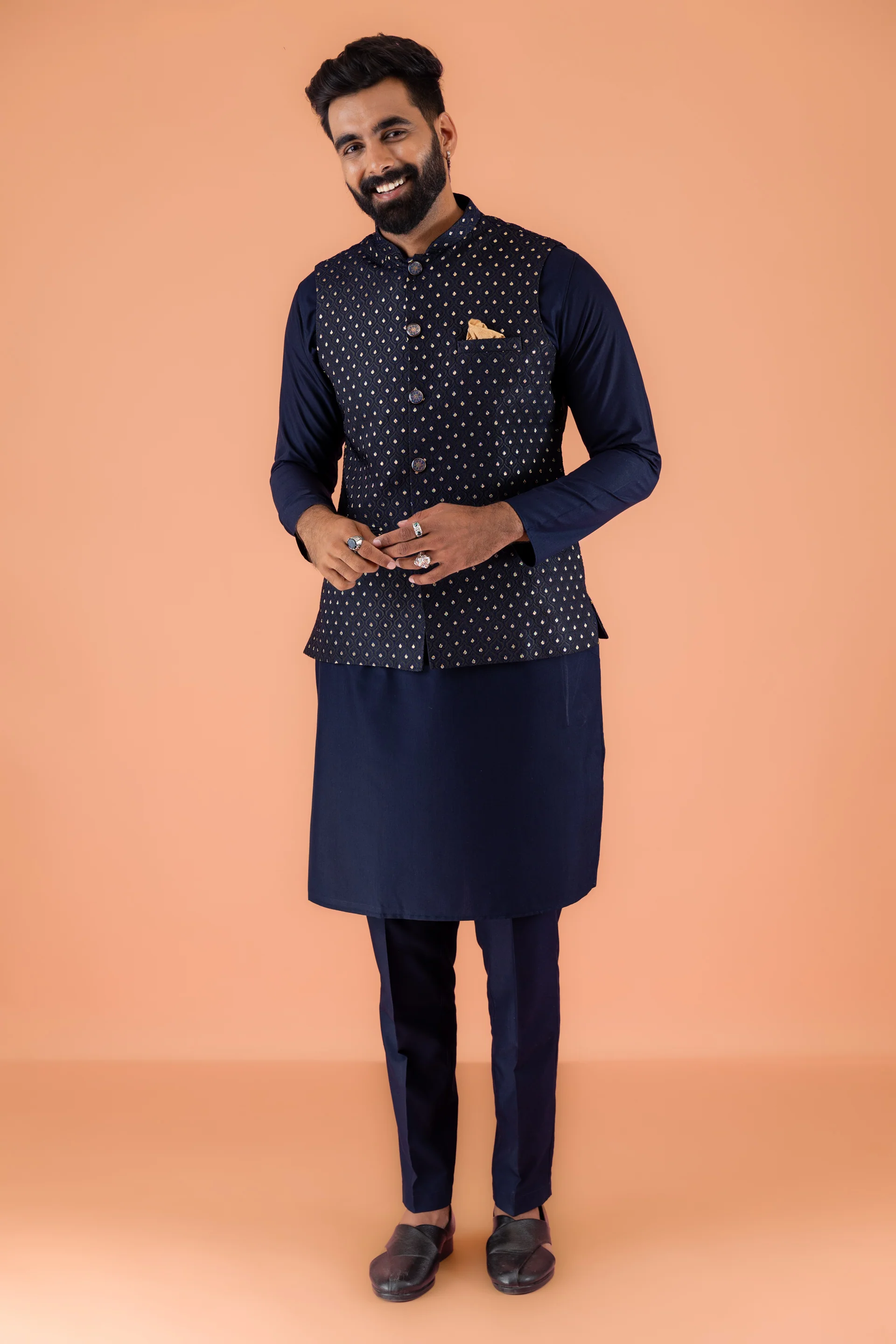 Navy Blue Jacket Kurta Trouser Set - Image 9