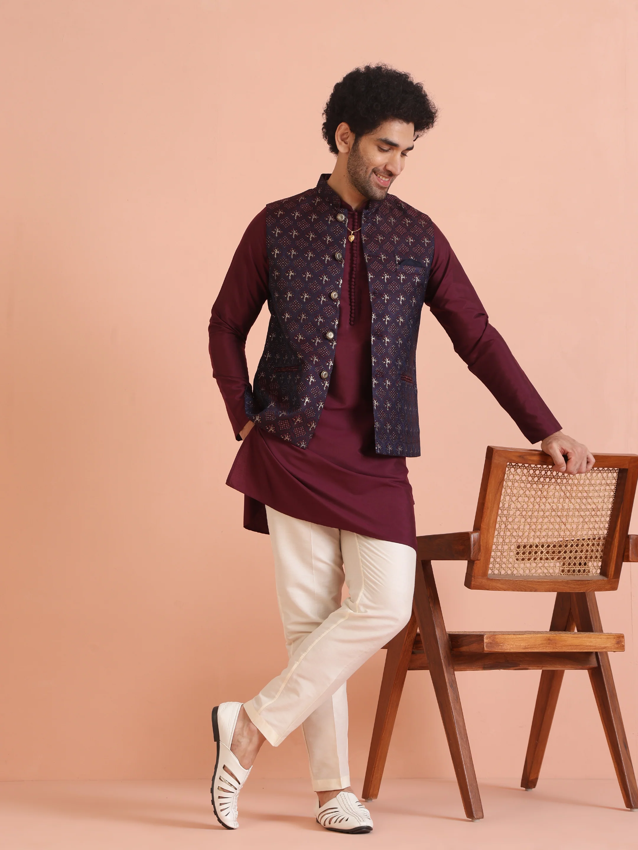 Maroon Jacquard Jacket Kurta Trouser Set