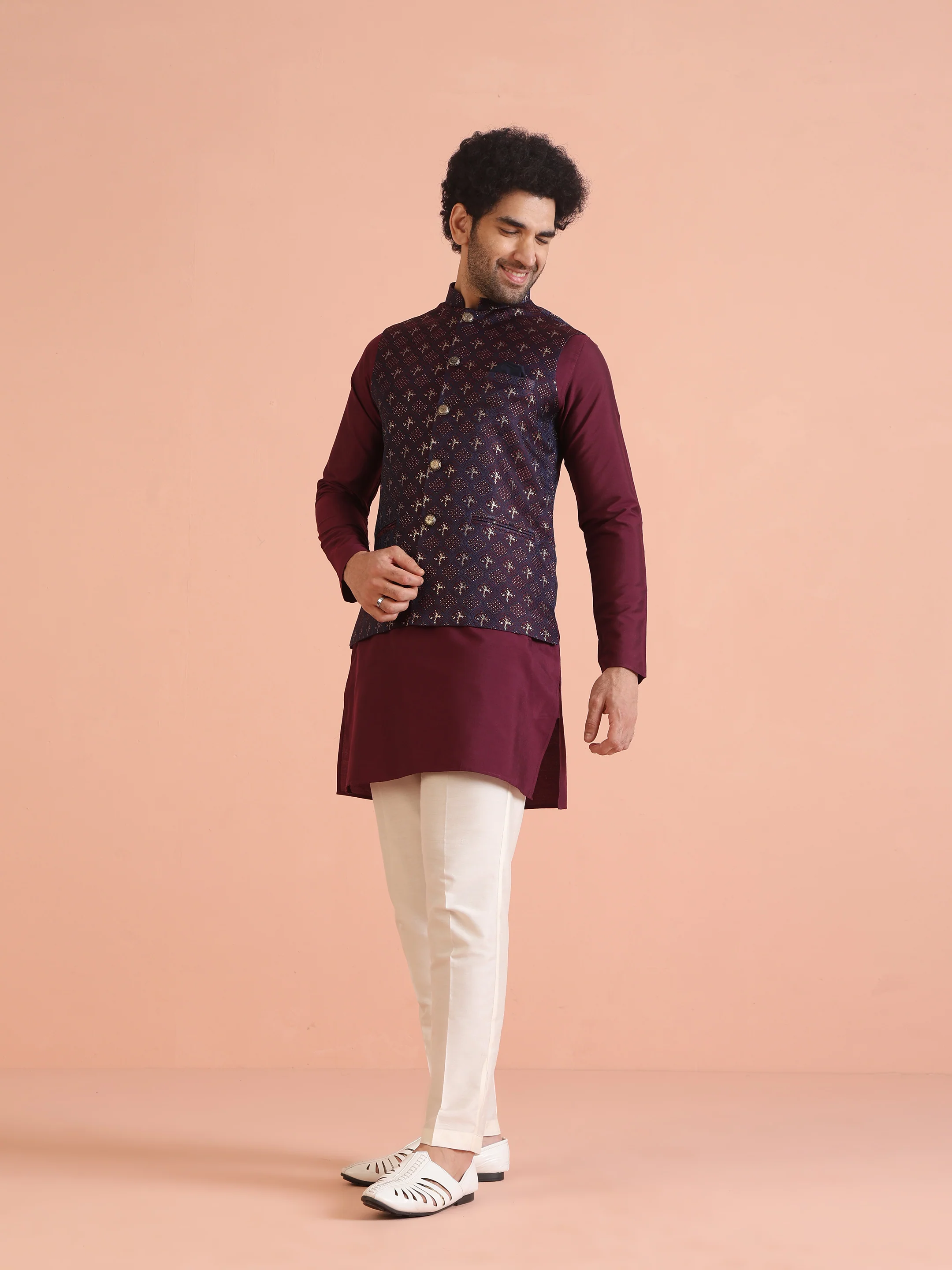 Maroon Jacquard Jacket Kurta Trouser Set - Image 3
