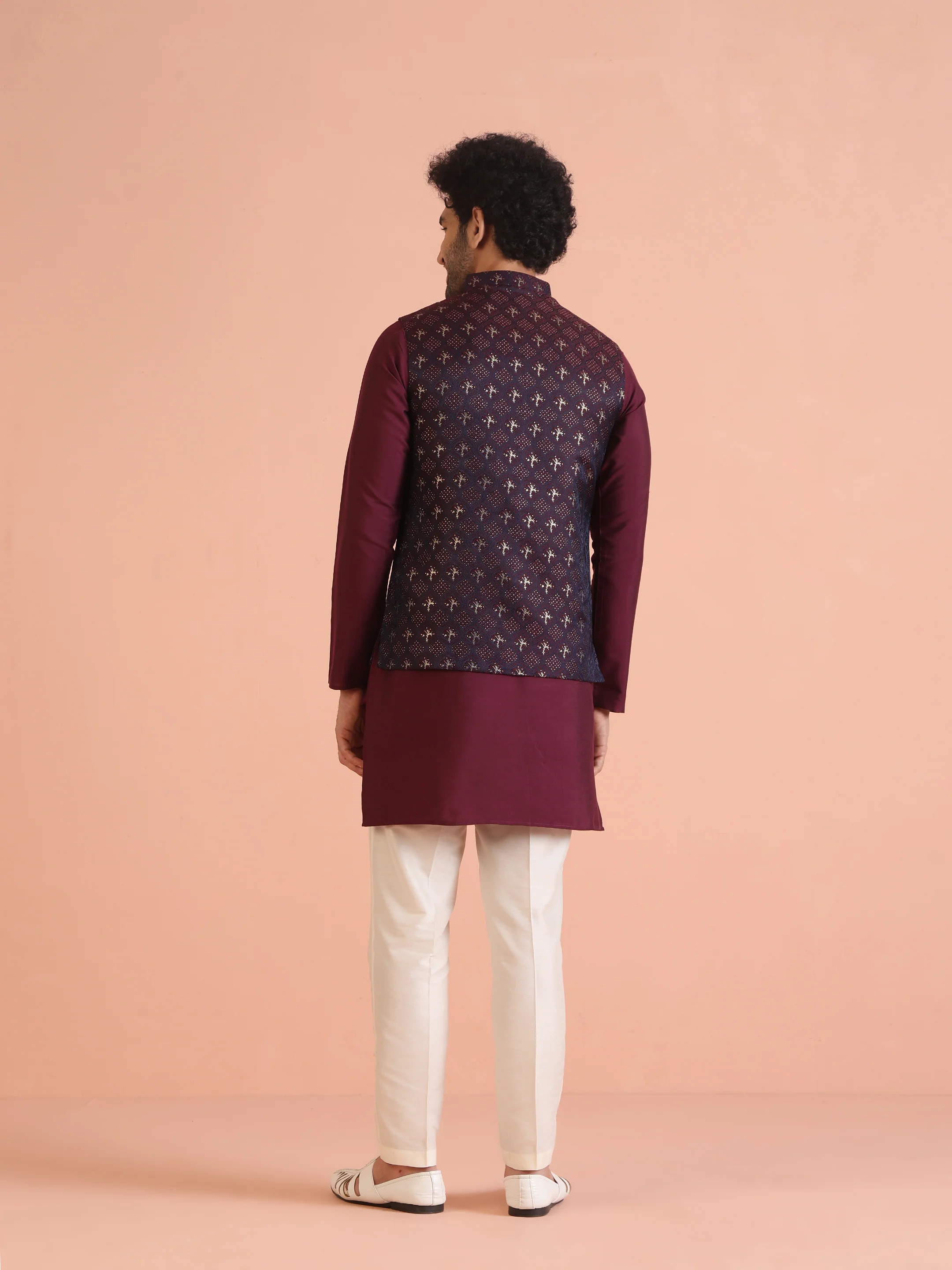 Maroon Jacquard Jacket Kurta Trouser Set - Image 4