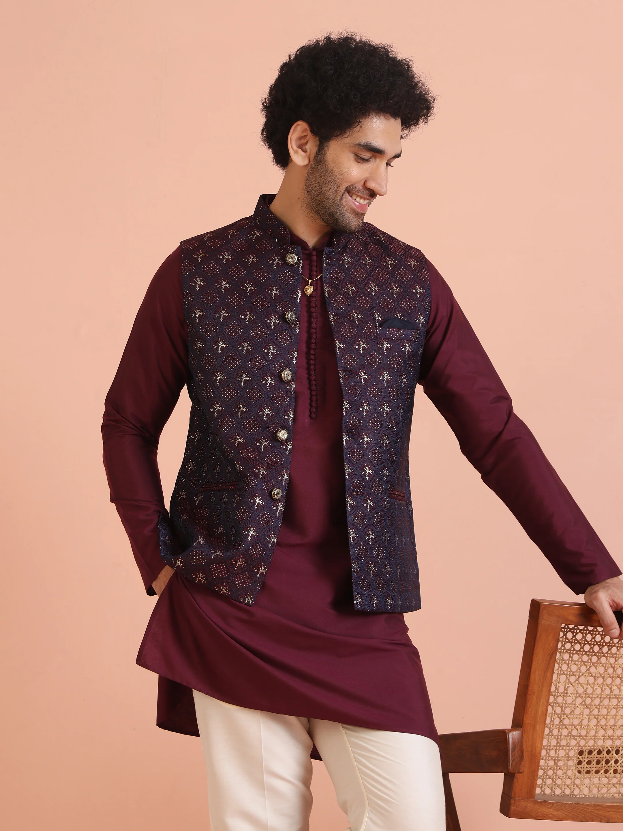 Maroon Jacquard Jacket Kurta Trouser Set - Image 8