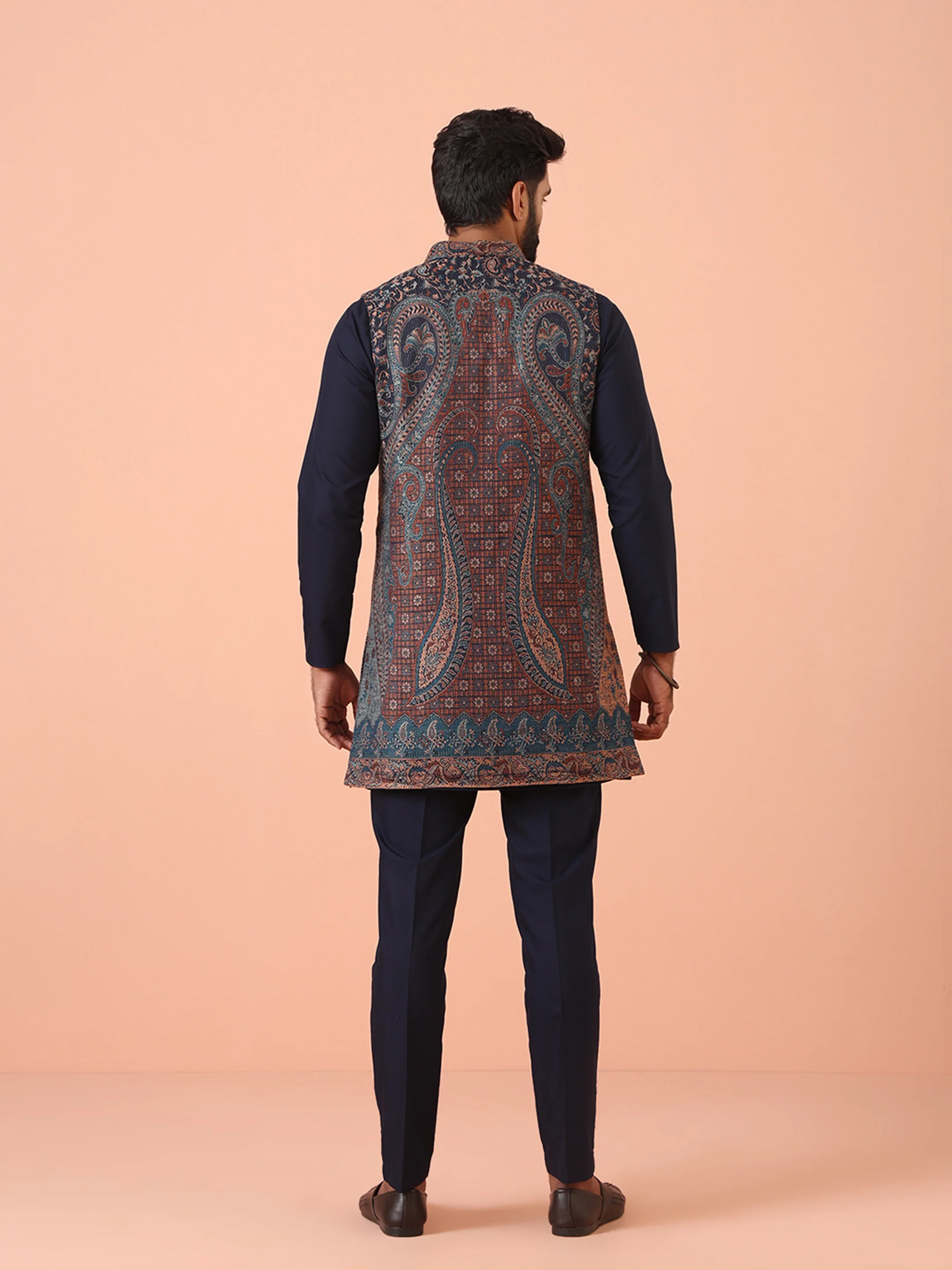 Navy Blue Cotton Silk Jacquard Nehru Jacket Kurta Trouser - Image 5