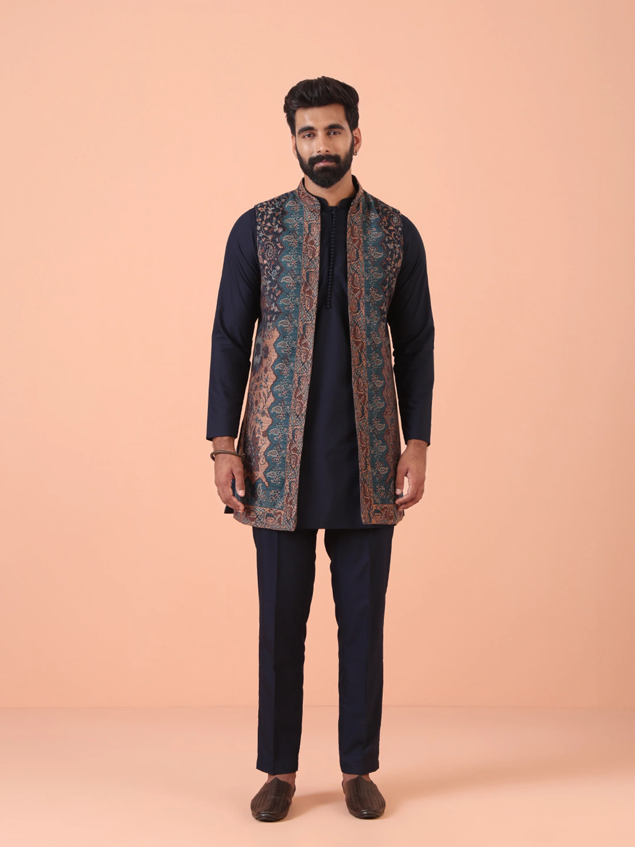 Navy Blue Cotton Silk Jacquard Nehru Jacket Kurta Trouser - Image 7