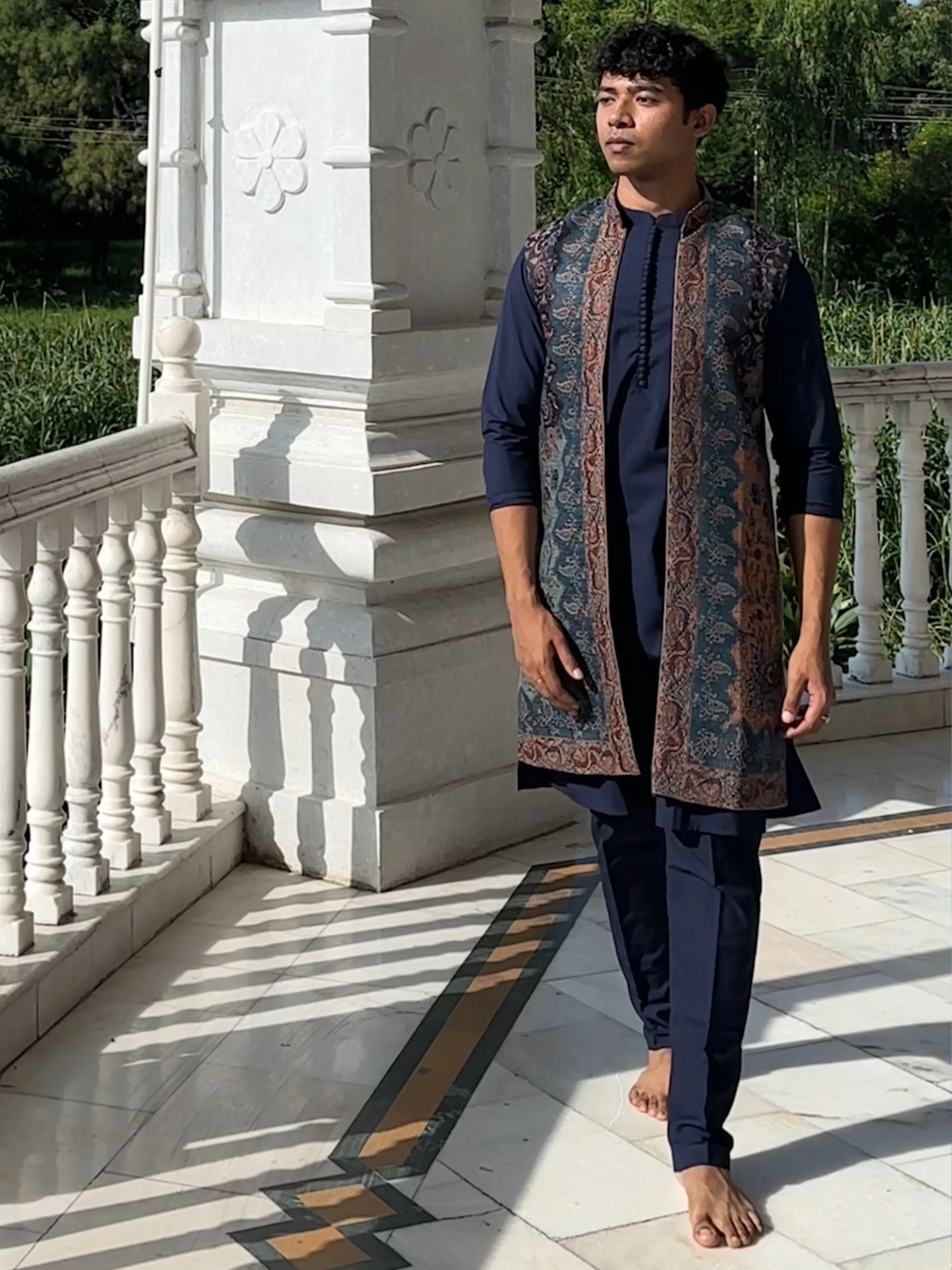 Navy Blue Cotton Silk Jacquard Nehru Jacket Kurta Trouser - Image 8