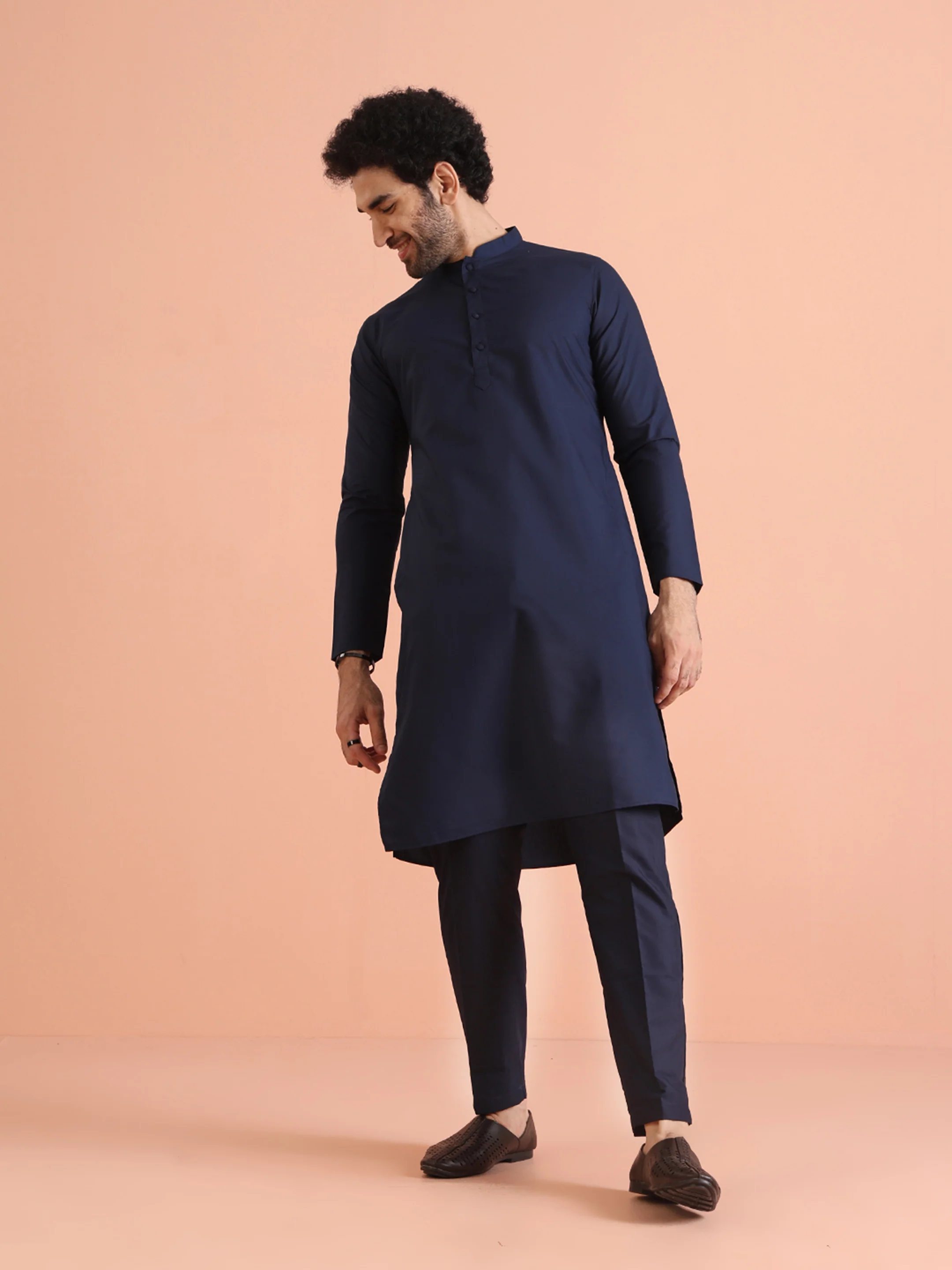 Navy Blue Cotton Plain Kurta - Image 6