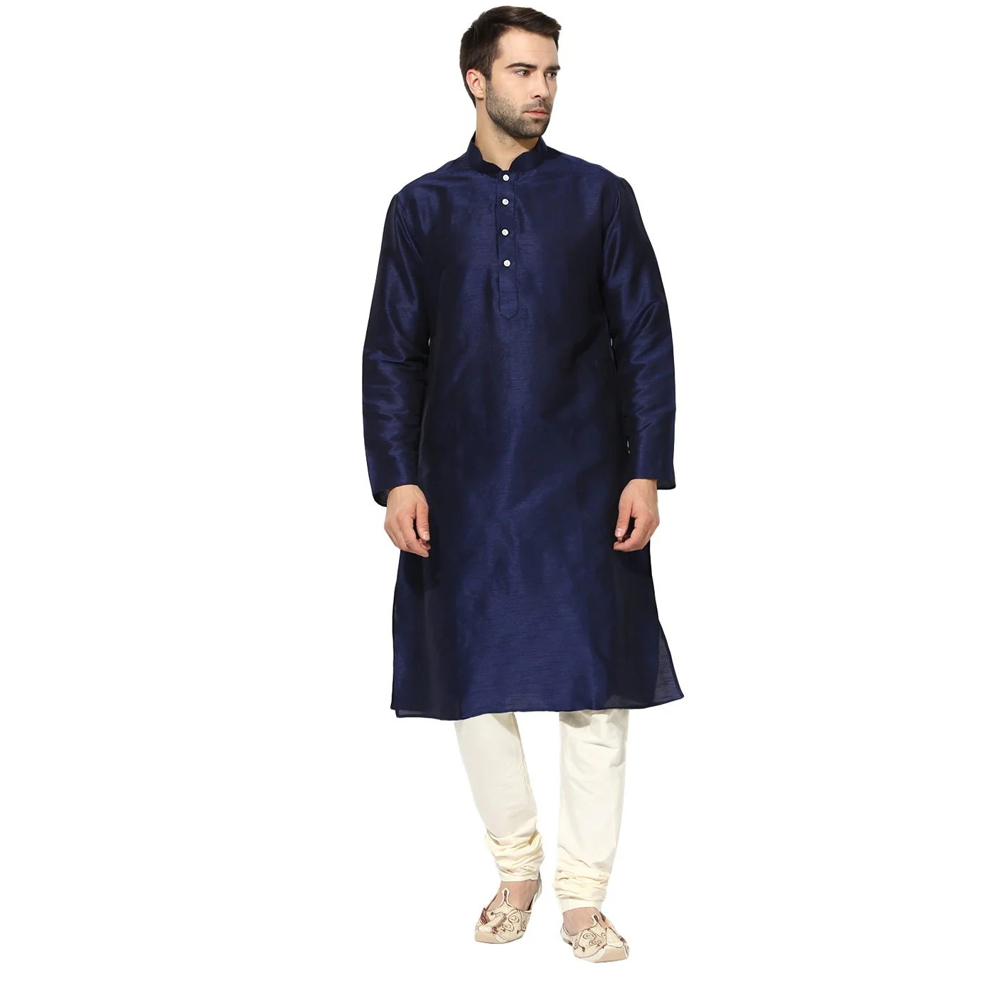 Navy Blue Silk Blend Kurta with White Churidar
