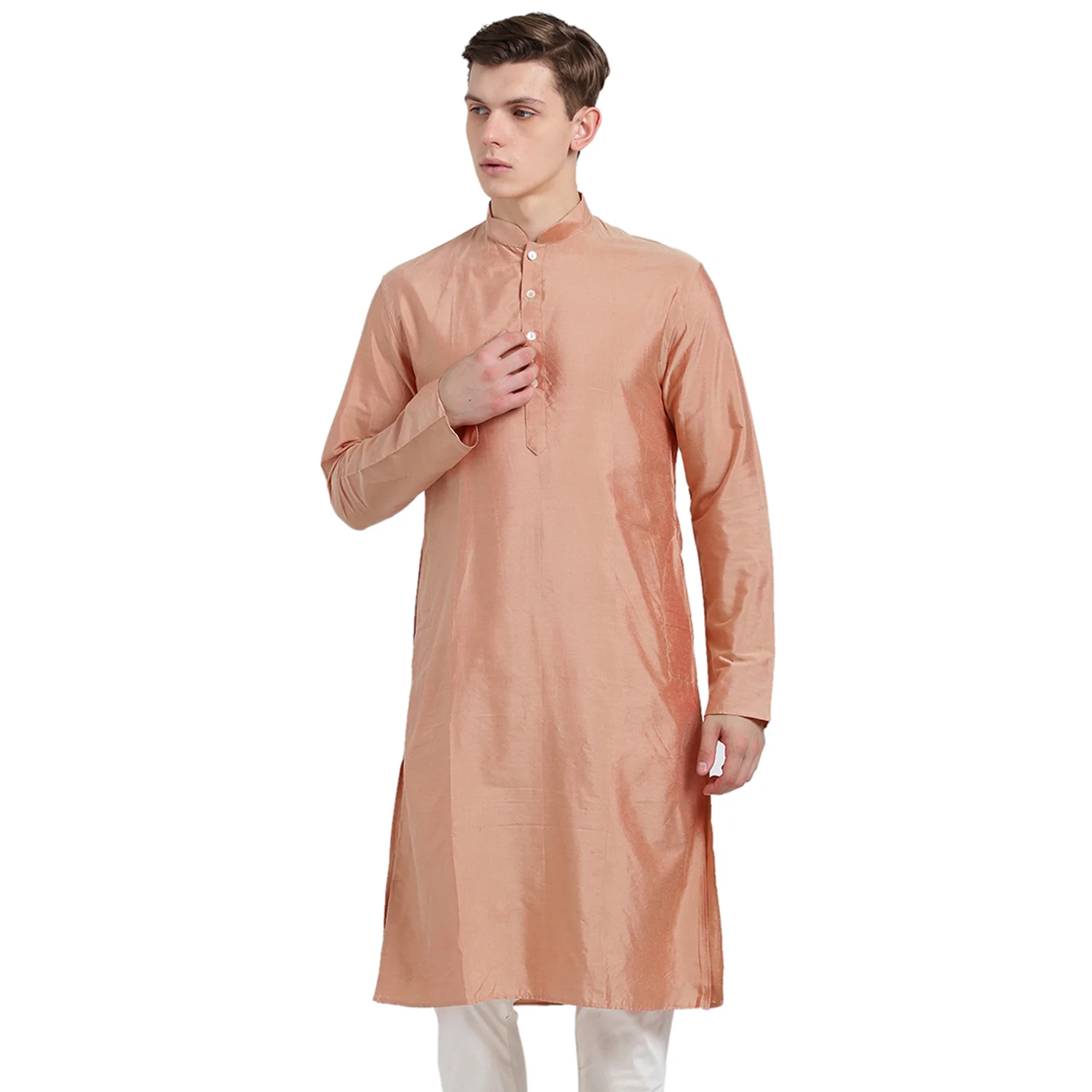Men Peach Silk Blend Solid Kurta Churidar Set – Elegant Classic Festive Wear