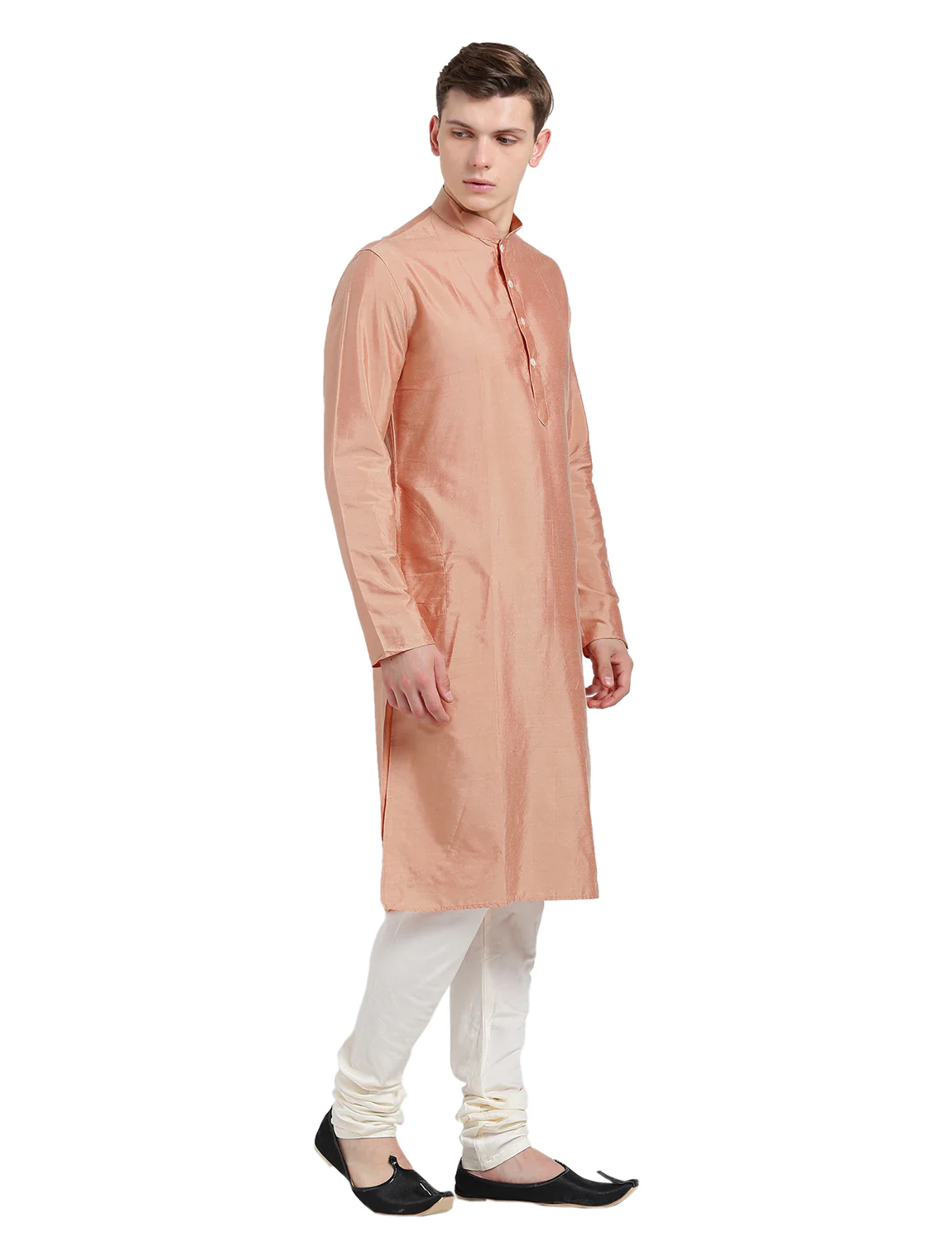 Men Peach Silk Blend Solid Kurta Churidar Set – Elegant Classic Festive Wear - Image 2