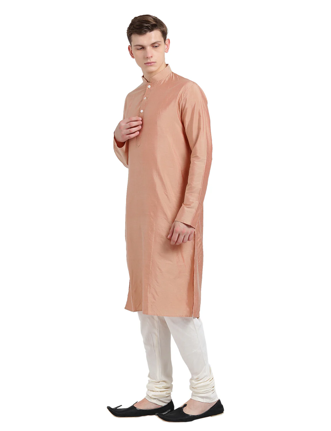 Men Peach Silk Blend Solid Kurta Churidar Set – Elegant Classic Festive Wear - Image 3