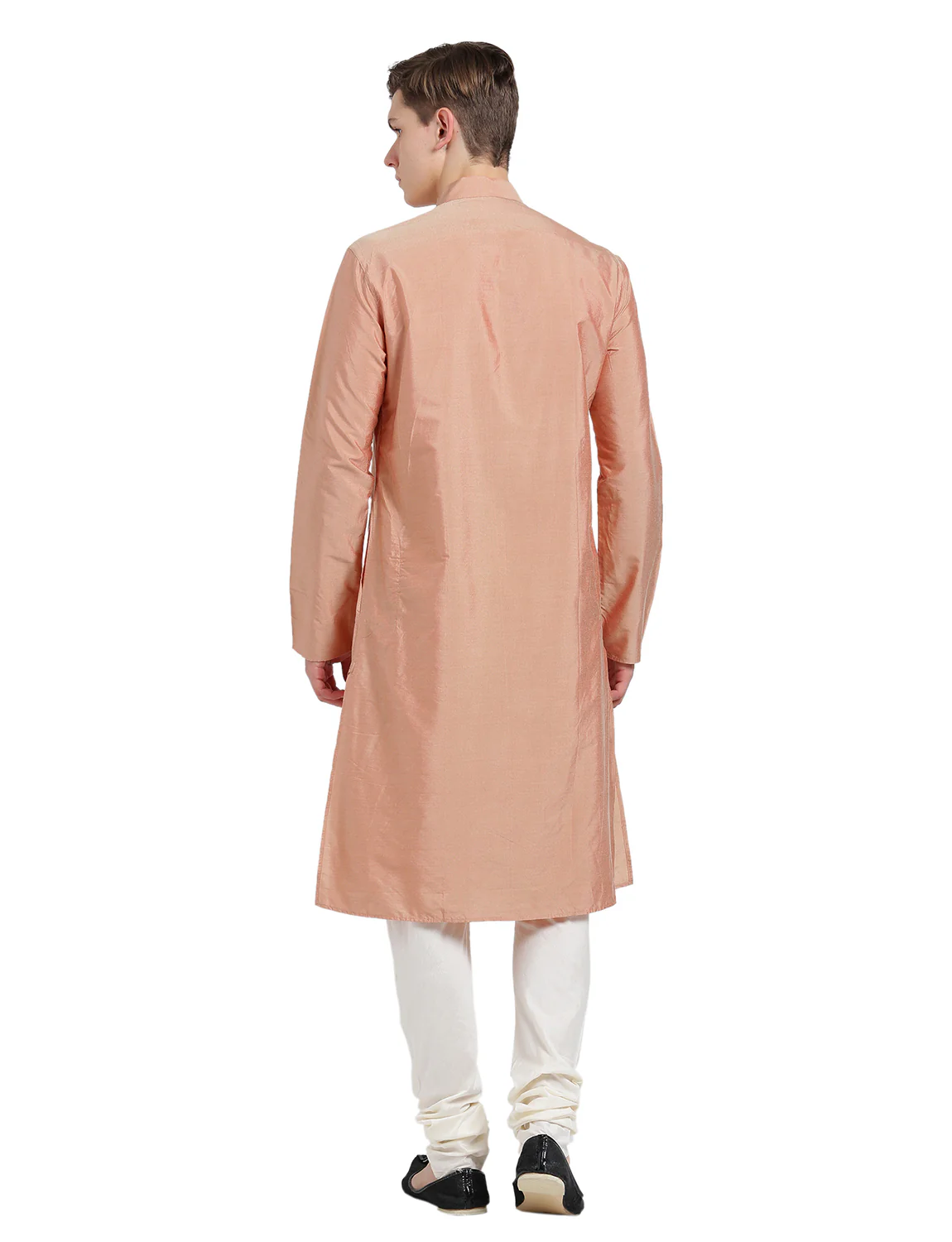 Men Peach Silk Blend Solid Kurta Churidar Set – Elegant Classic Festive Wear - Image 4