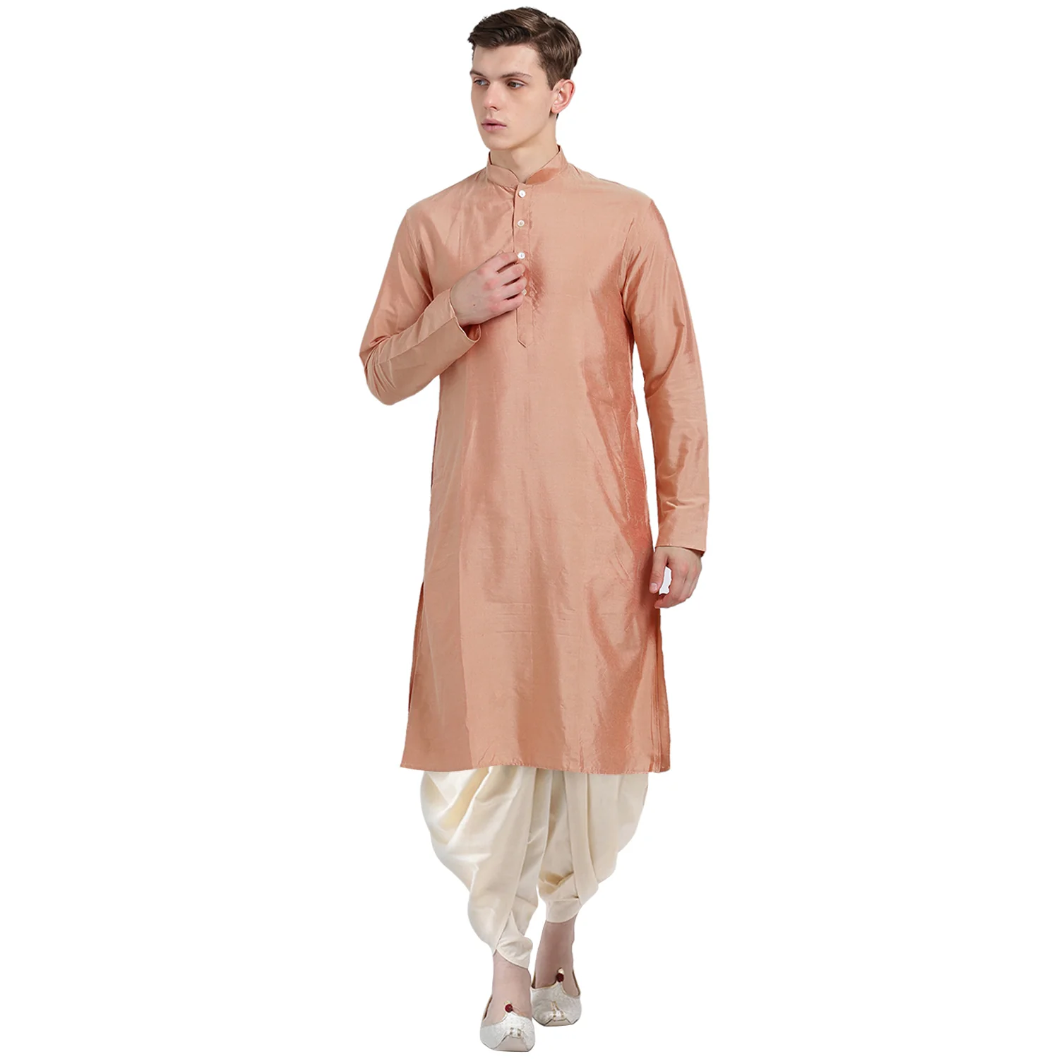 Peach Silk Blend Solid Kurta Cream Dhoti