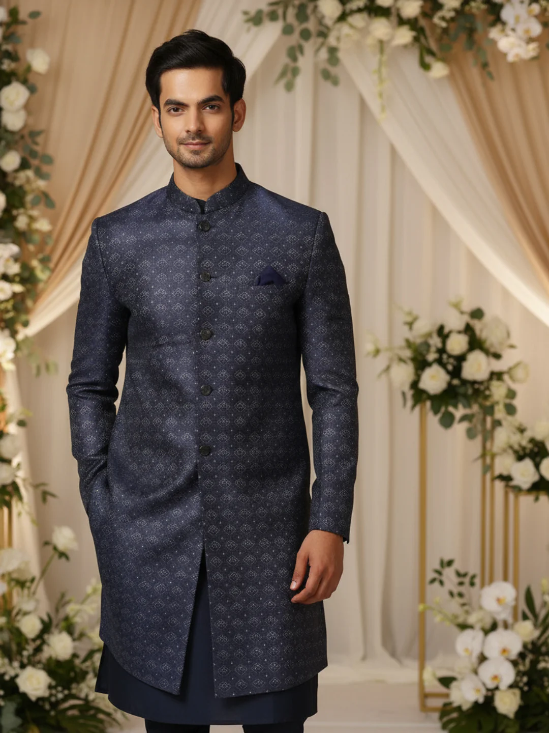 Men Navy Blue Kurta Indowestern Trouser Set - Image 2