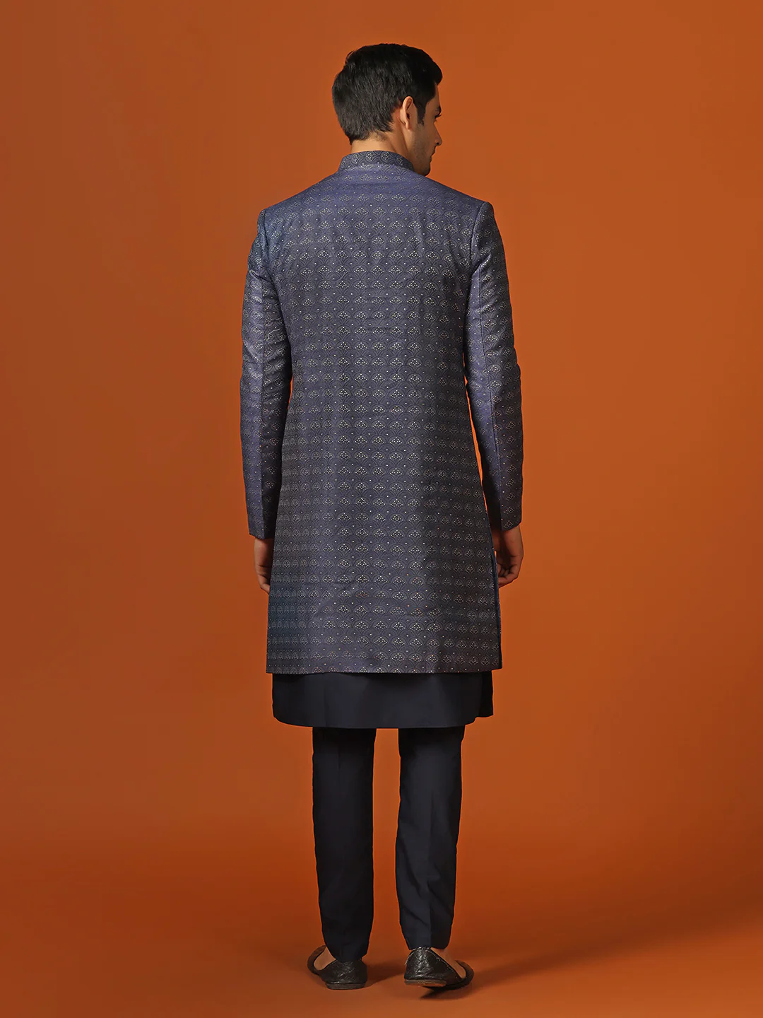 Men Navy Blue Kurta Indowestern Trouser Set - Image 5