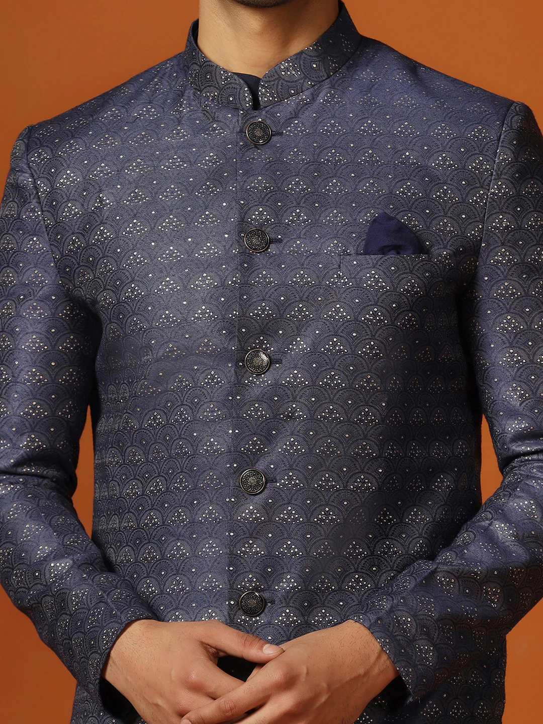 Men Navy Blue Kurta Indowestern Trouser Set - Image 6