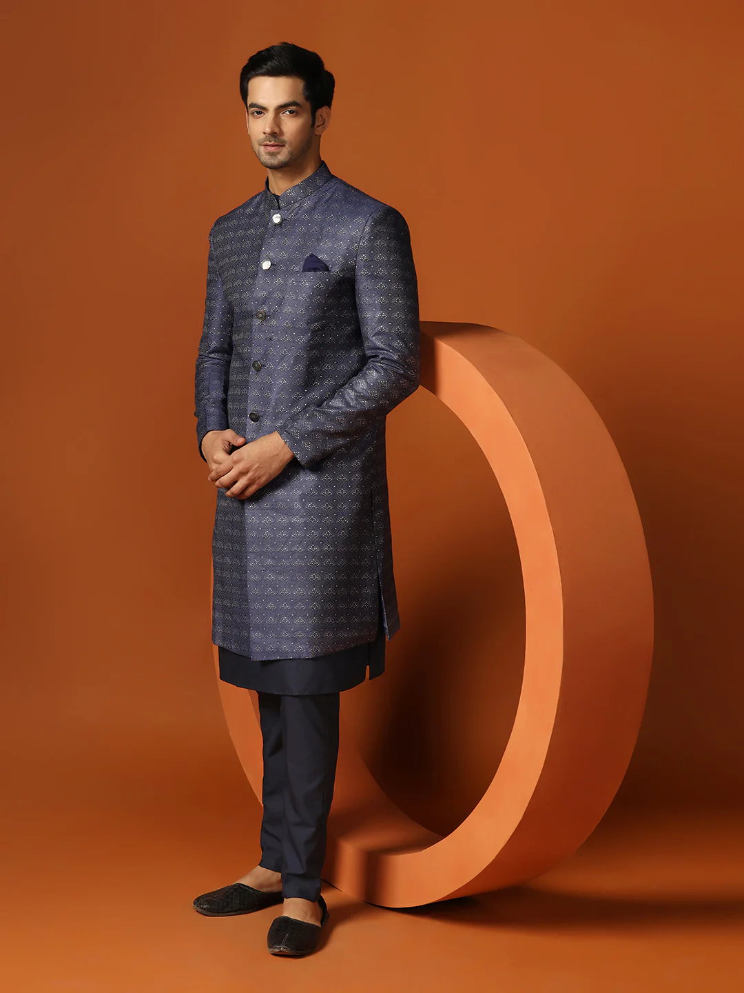 Men Navy Blue Kurta Indowestern Trouser Set - Image 9