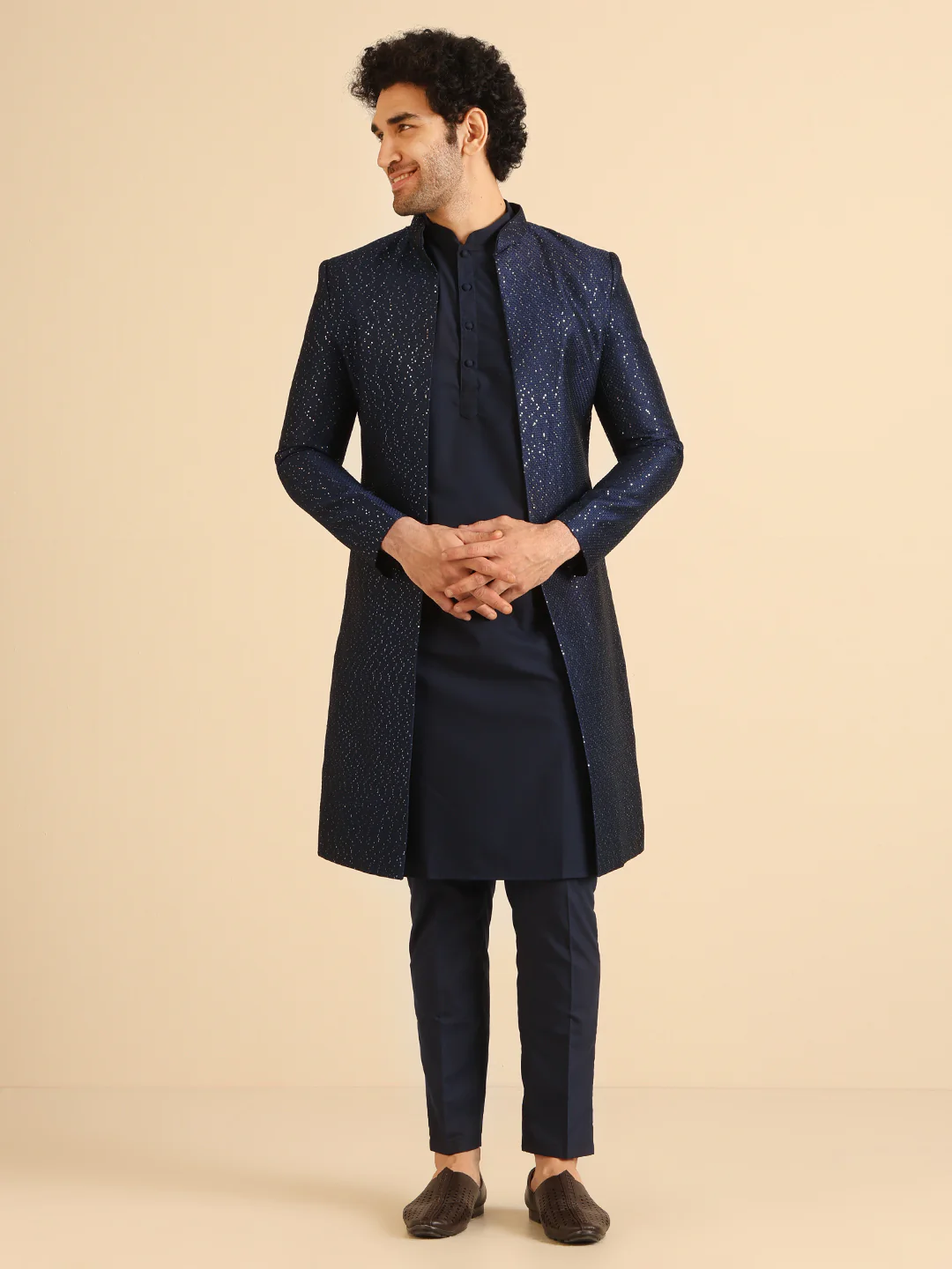 Men Navy Blue Textured Open Kurta Indowestern Trouser Set