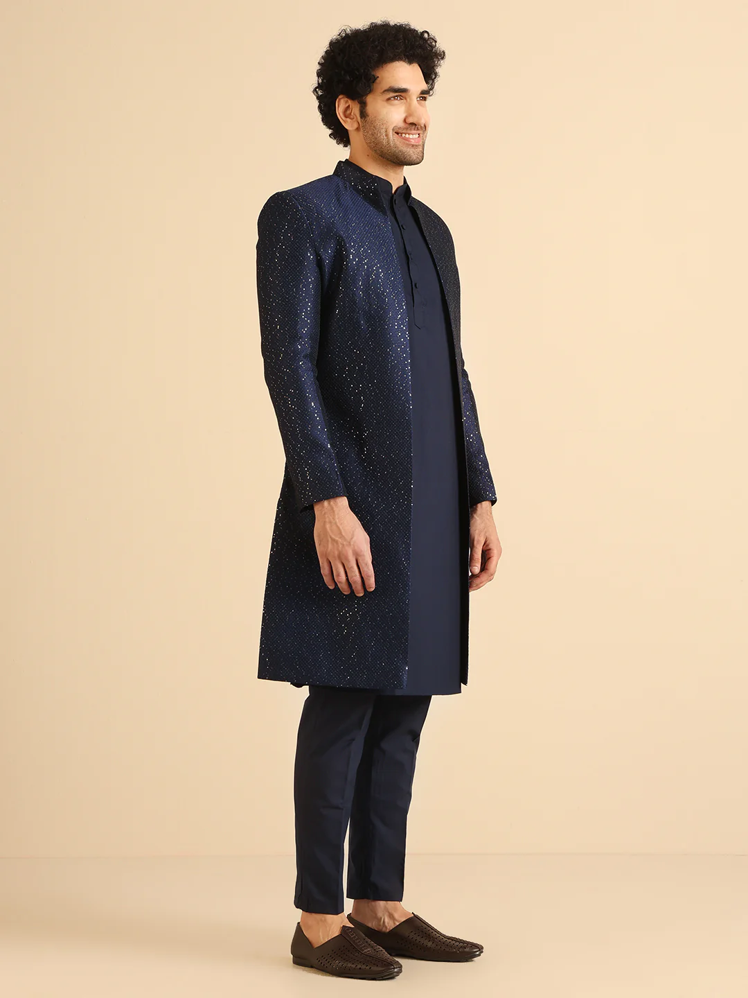 Men Navy Blue Textured Open Kurta Indowestern Trouser Set - Image 2