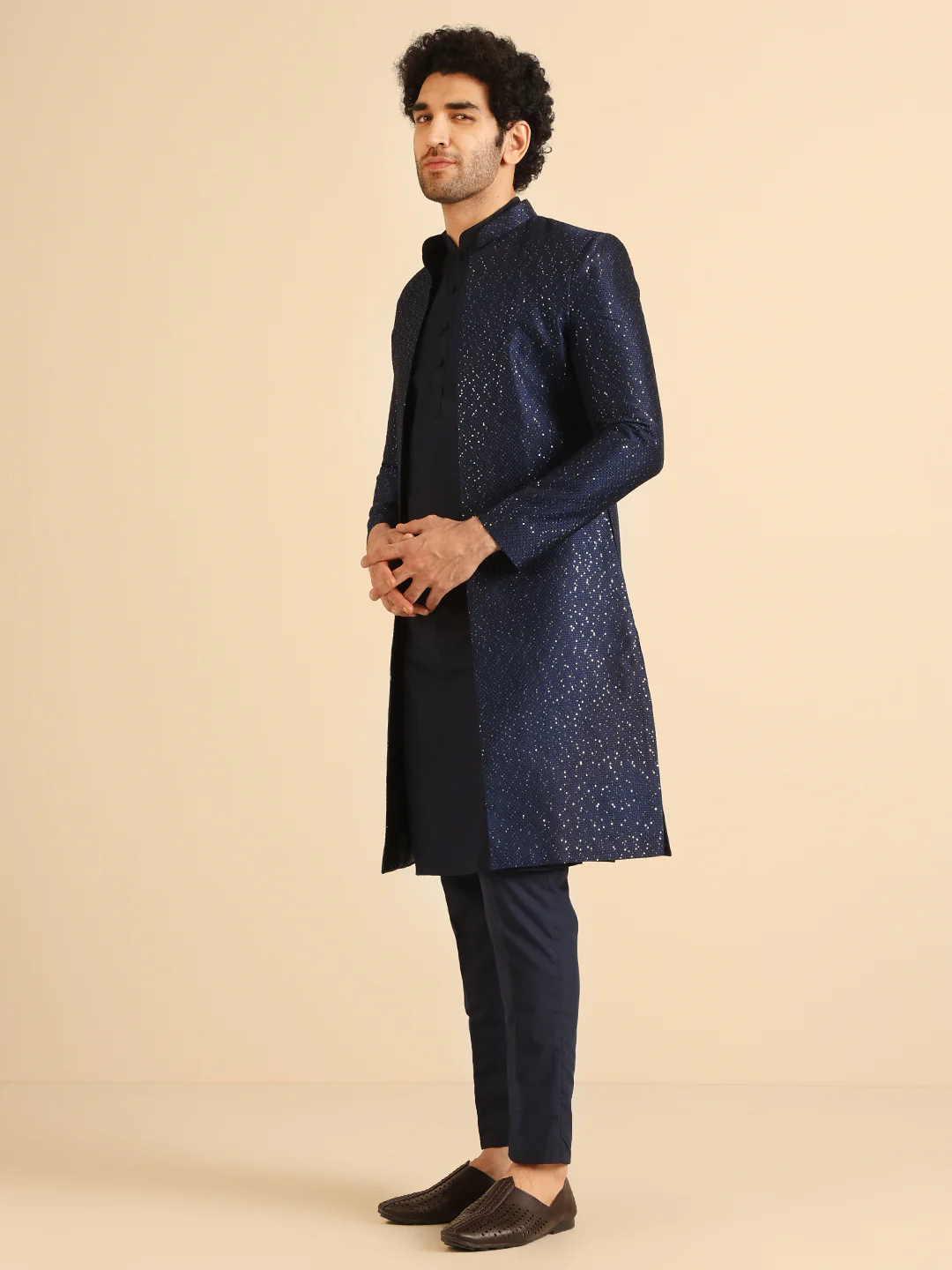 Men Navy Blue Textured Open Kurta Indowestern Trouser Set - Image 3