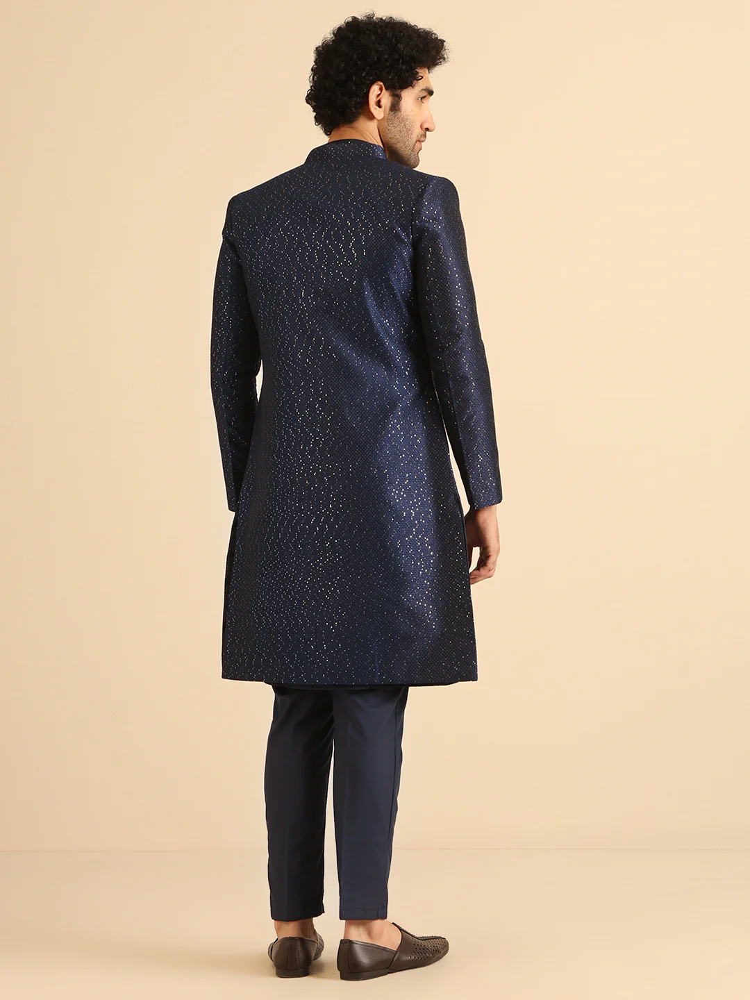 Men Navy Blue Textured Open Kurta Indowestern Trouser Set - Image 4