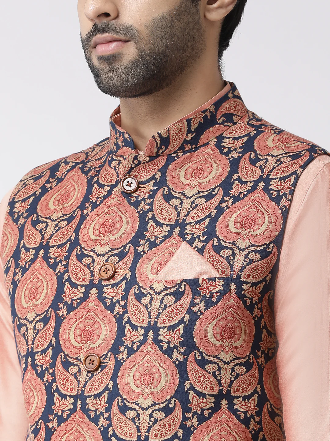 Men Navy Blue Printed Kurta Jacket Set - Image 3