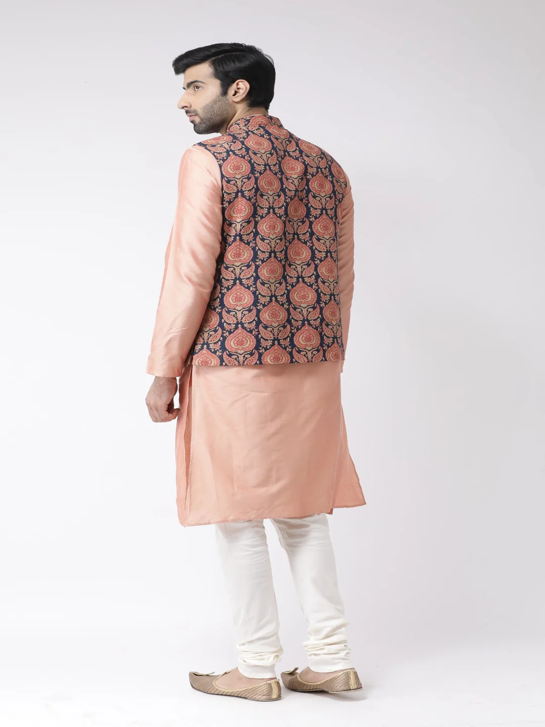 Men Navy Blue Printed Kurta Jacket Set - Image 4